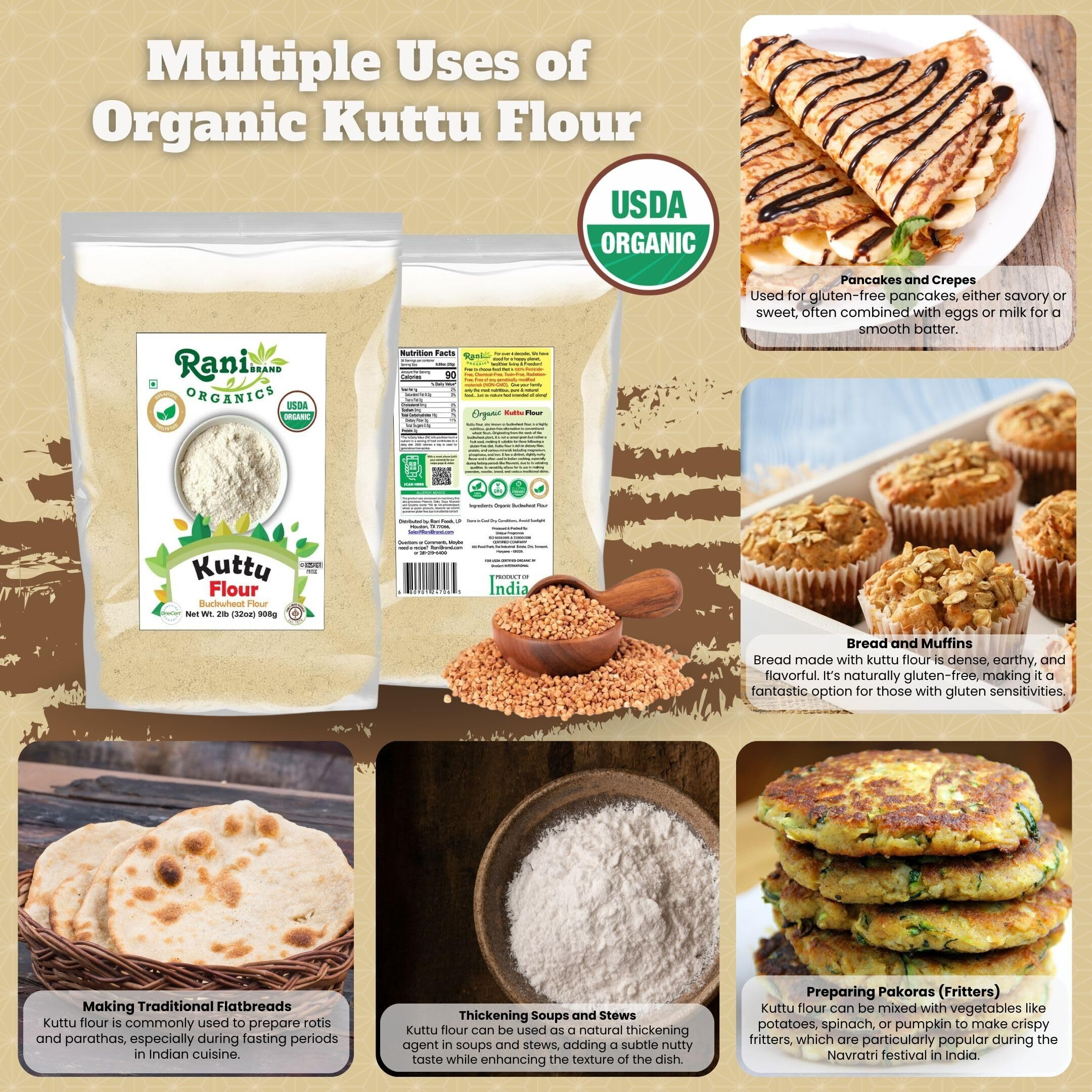 Rani Organic Kuttu (Buckwheat) Flour 32oz (2lbs) 908g Bulk ~ All Natural, Gluten Friendly, NON-GMO, Kosher, Vegan, Indian Origin, USDA Organic Certified