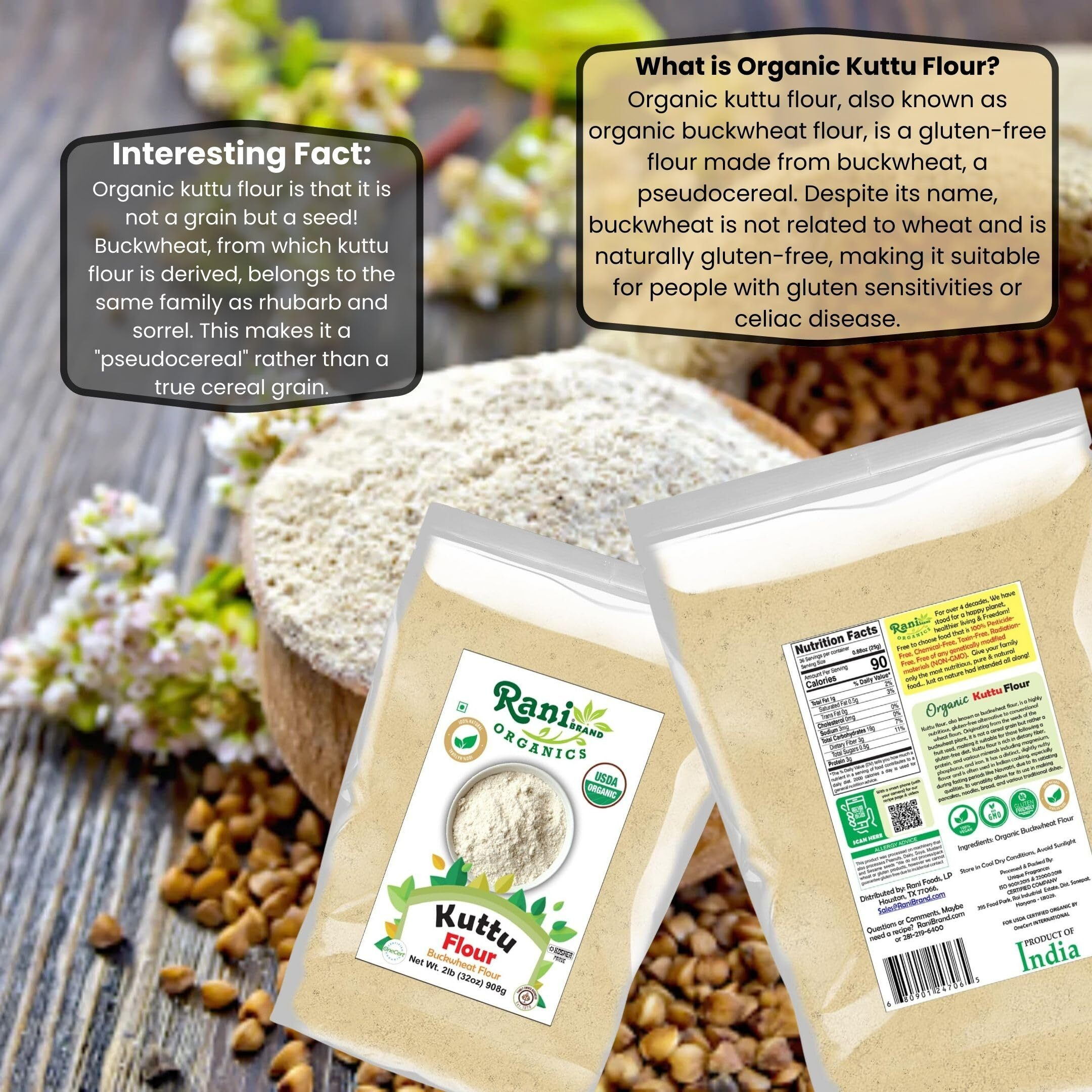 Rani Organic Kuttu (Buckwheat) Flour 32oz (2lbs) 908g Bulk ~ All Natural, Gluten Friendly, NON-GMO, Kosher, Vegan, Indian Origin, USDA Organic Certified