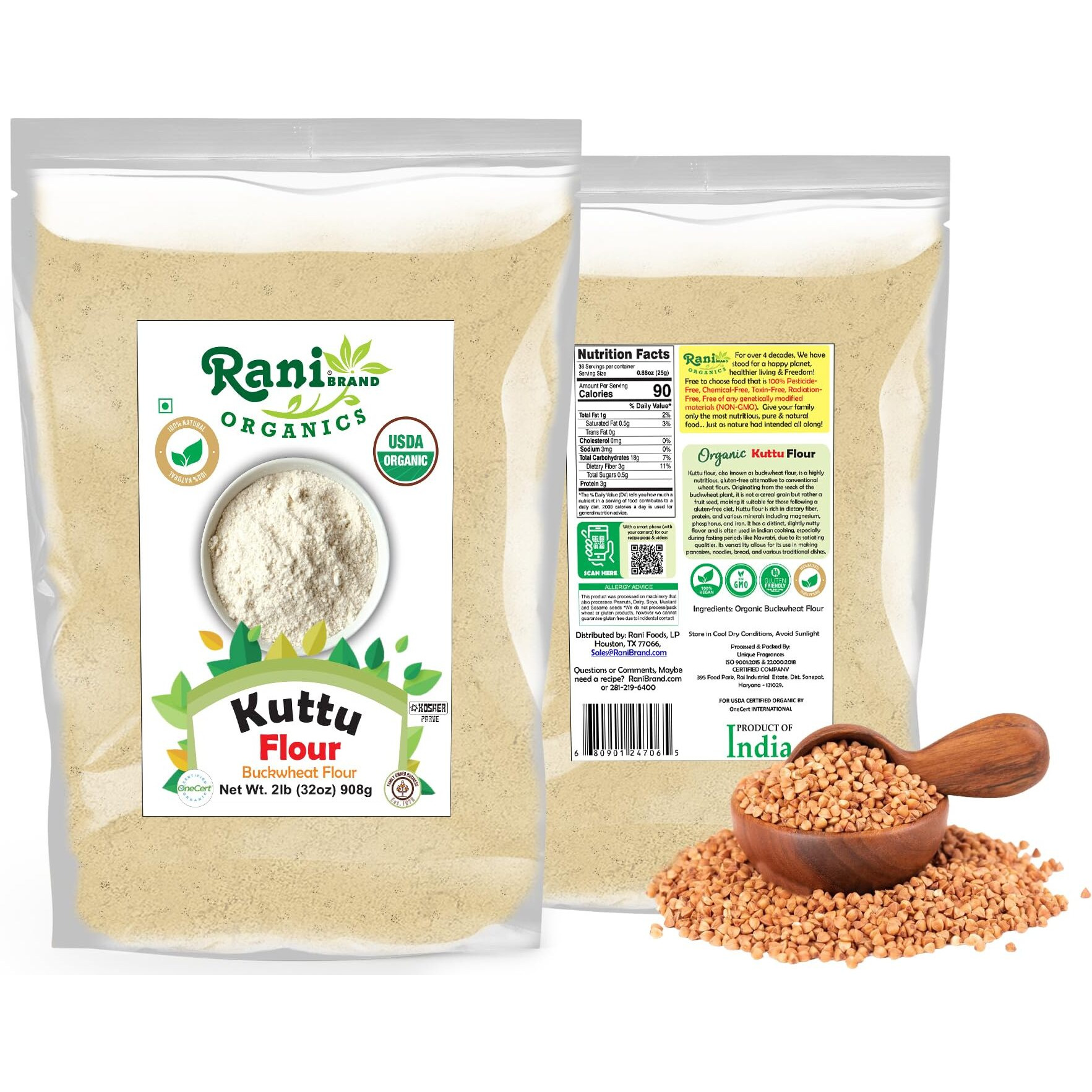 Rani Organic Kuttu (Buckwheat) Flour 32oz (2lbs) 908g Bulk ~ All Natural, Gluten Friendly, NON-GMO, Kosher, Vegan, Indian Origin, USDA Organic Certified