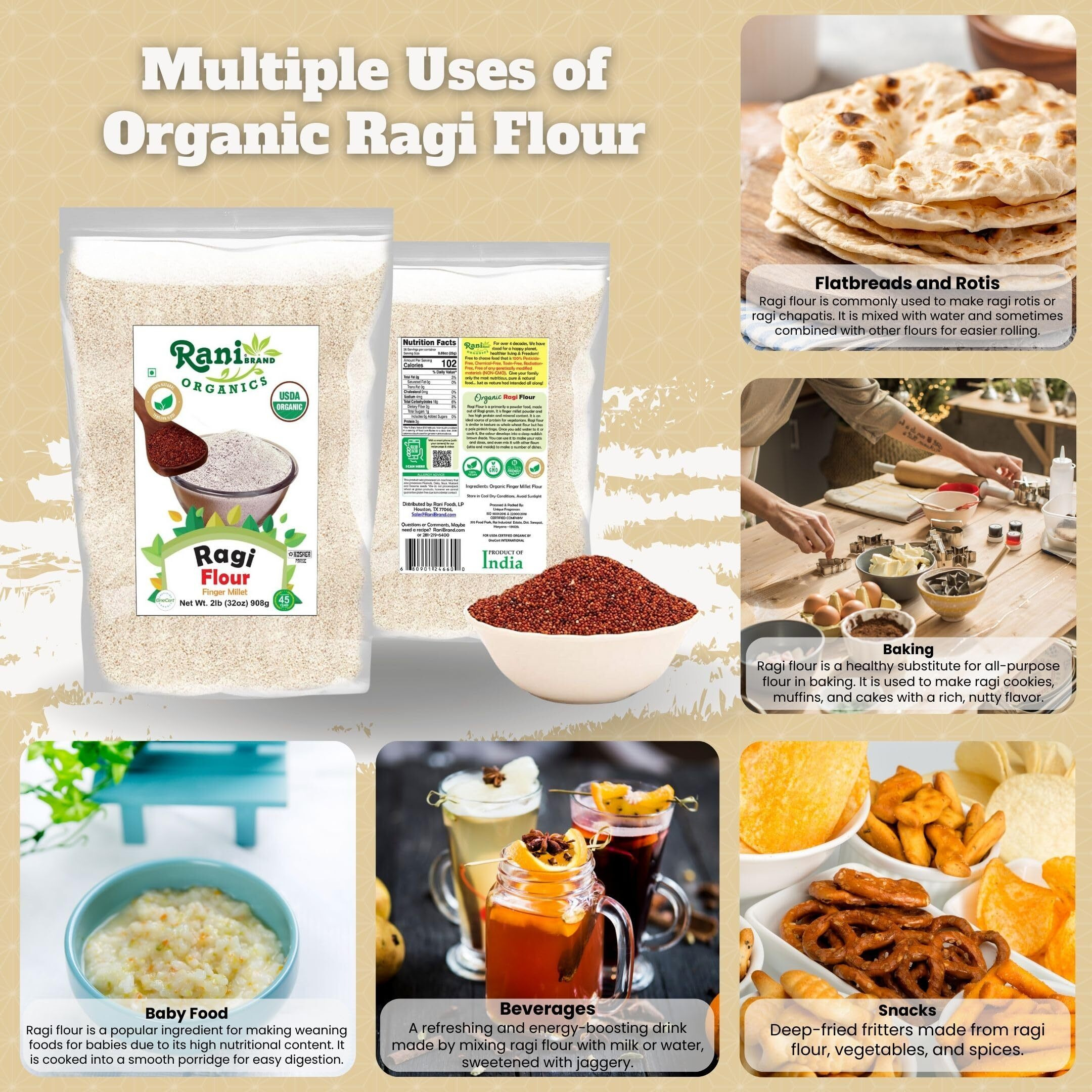 Rani Organic Ragi (Finger Millet) Flour 32oz (2lbs) 908g ~ All Natural, Vegan, Gluten Friendly, NON-GMO, Kosher, Indian Origin, USDA Certified Organic