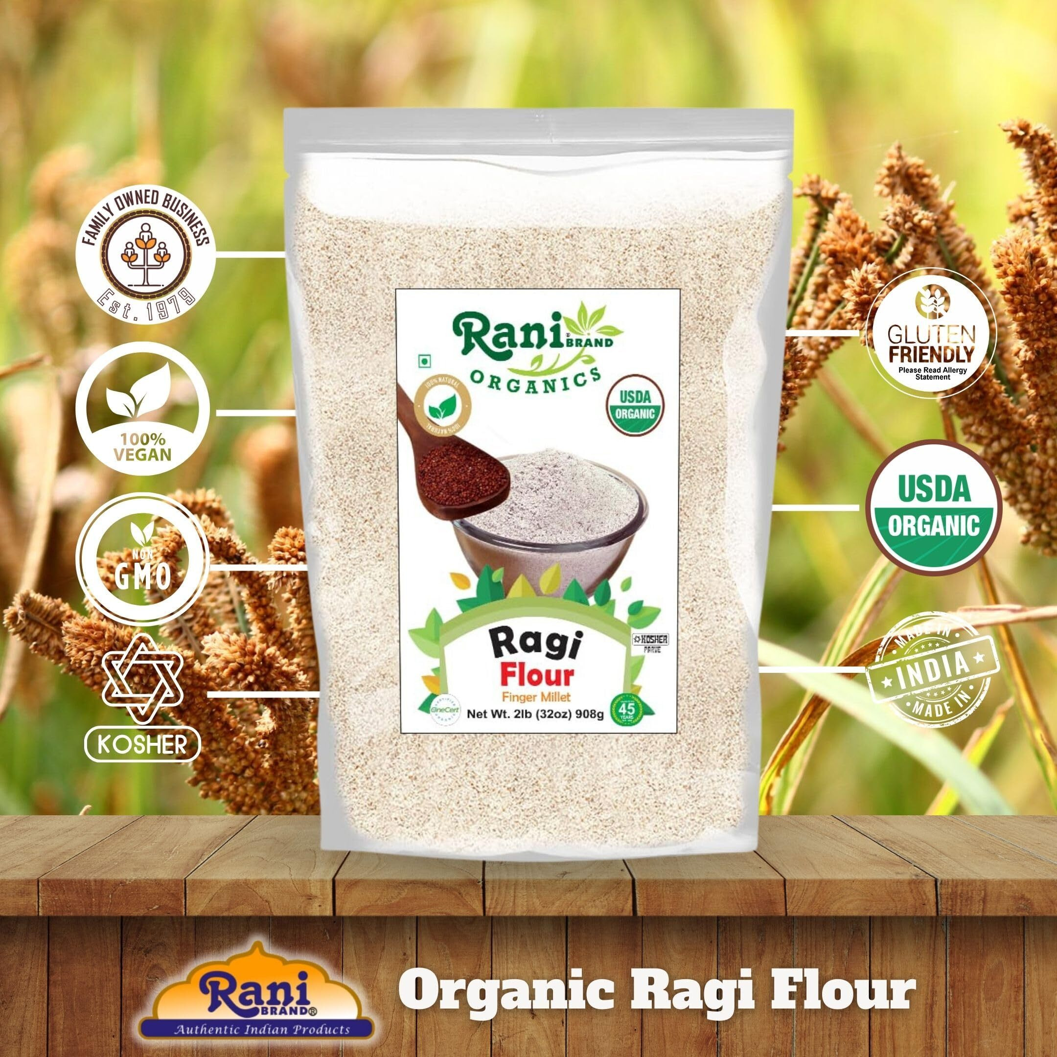 Rani Organic Ragi (Finger Millet) Flour 32oz (2lbs) 908g ~ All Natural, Vegan, Gluten Friendly, NON-GMO, Kosher, Indian Origin, USDA Certified Organic