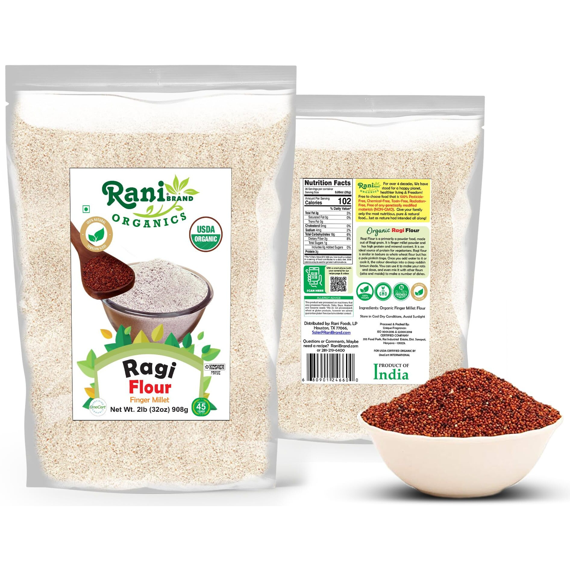 Rani Organic Ragi (Finger Millet) Flour 32oz (2lbs) 908g ~ All Natural, Vegan, Gluten Friendly, NON-GMO, Kosher, Indian Origin, USDA Certified Organic
