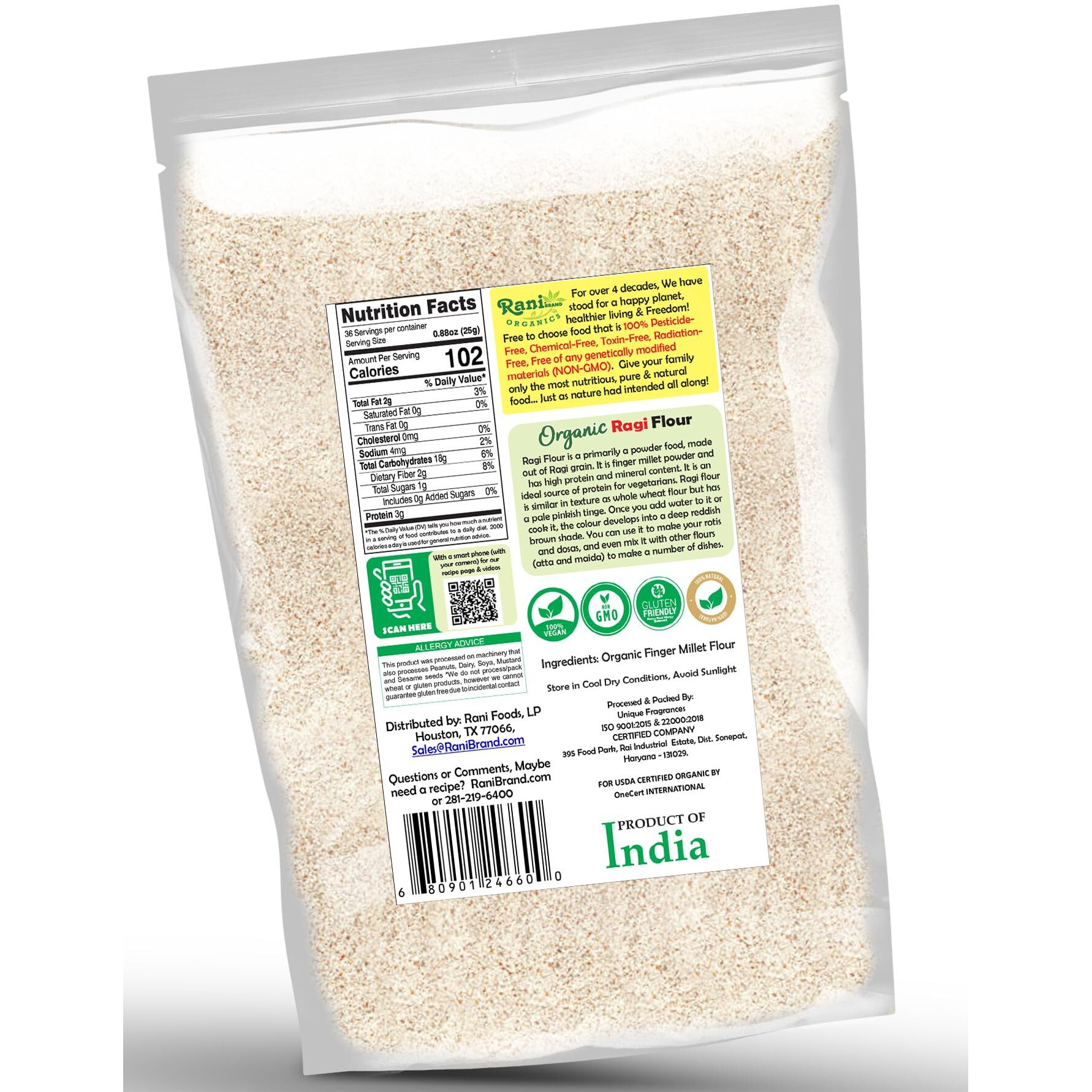 Rani Organic Ragi (Finger Millet) Flour 32oz (2lbs) 908g ~ All Natural, Vegan, Gluten Friendly, NON-GMO, Kosher, Indian Origin, USDA Certified Organic