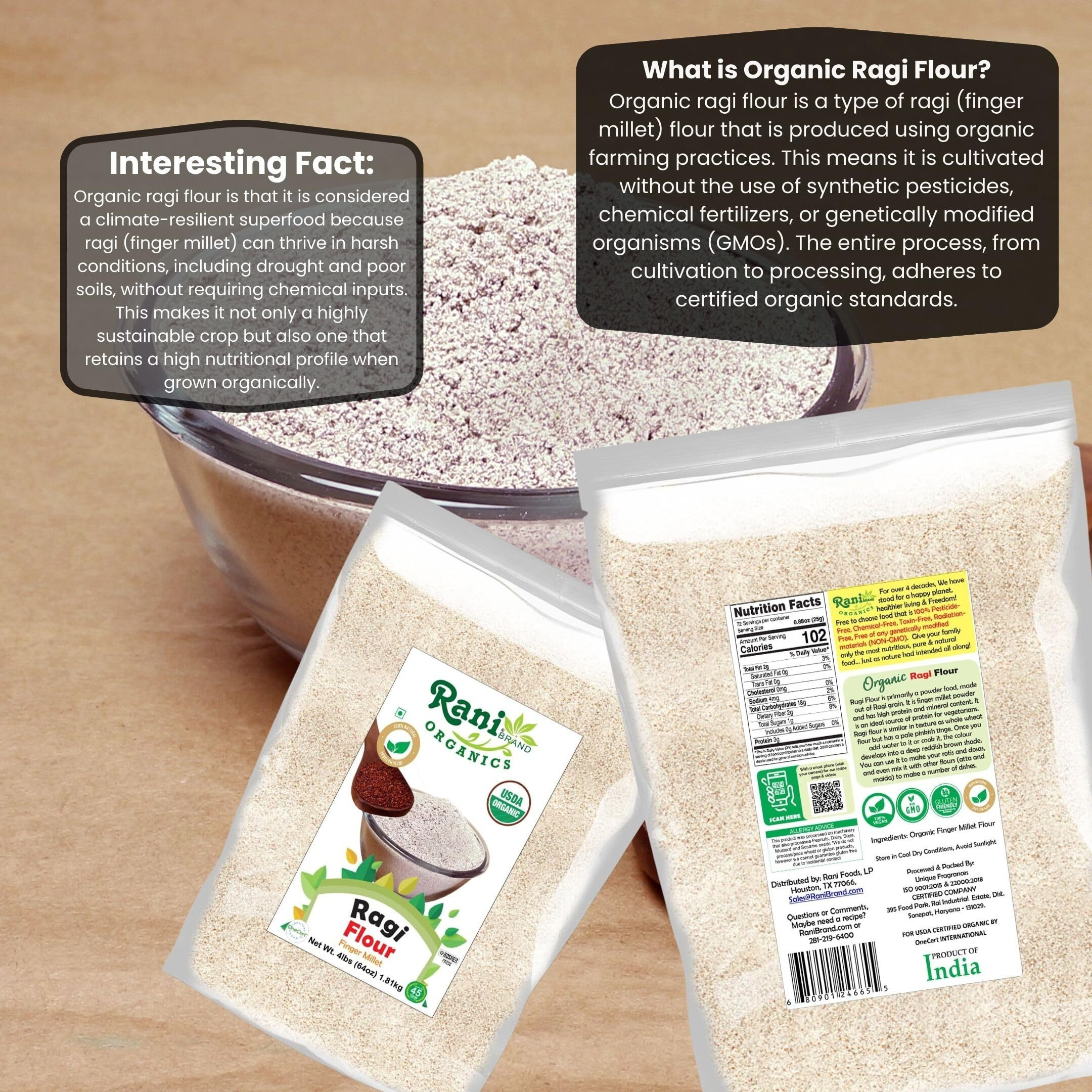 Rani Organic Ragi (Finger Millet) Flour 64oz (4lbs) 1.81kg Bulk ~ All Natural, Vegan, Gluten Friendly, NON-GMO, Kosher, Indian Origin, USDA Certified Organic