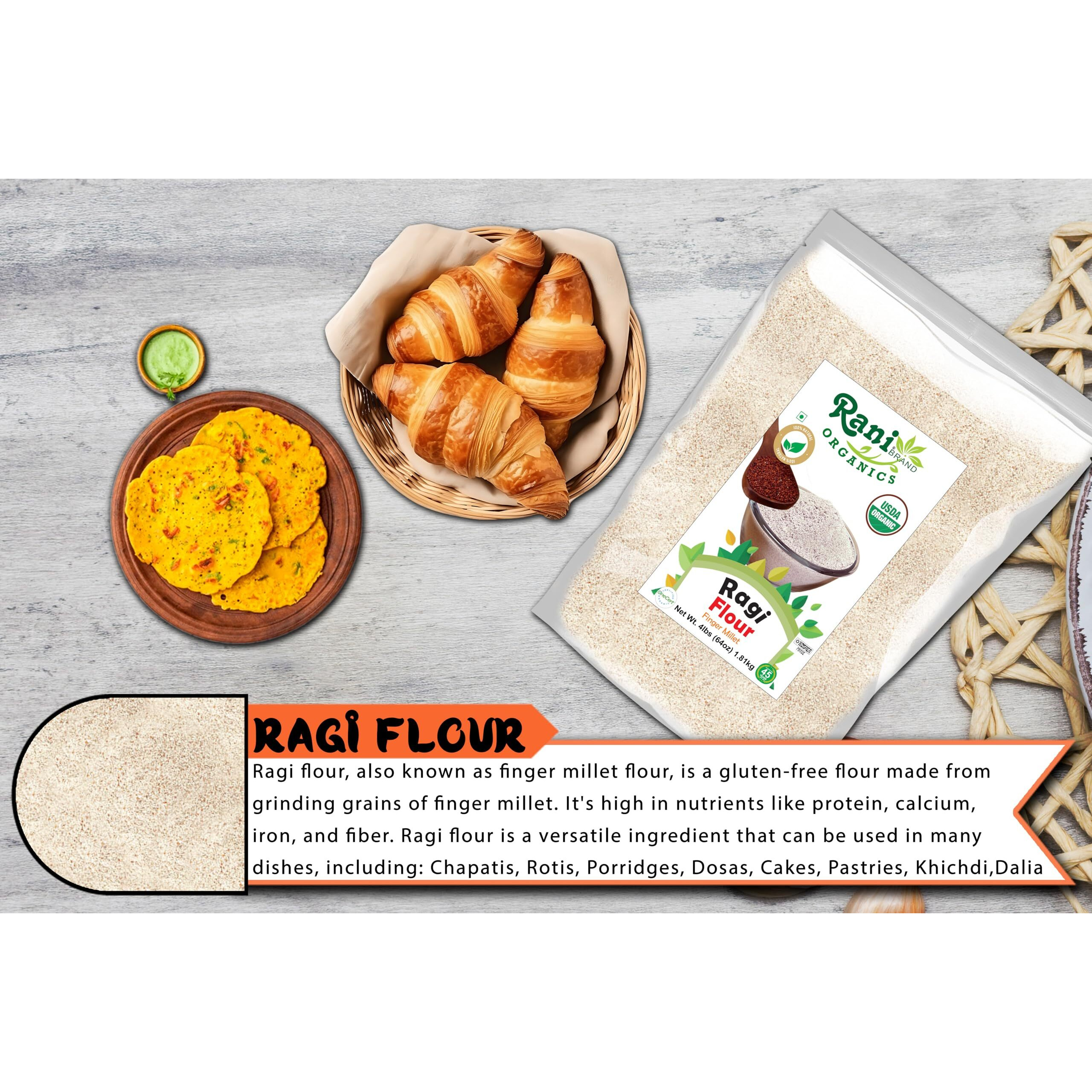 Rani Organic Ragi (Finger Millet) Flour 64oz (4lbs) 1.81kg Bulk ~ All Natural, Vegan, Gluten Friendly, NON-GMO, Kosher, Indian Origin, USDA Certified Organic