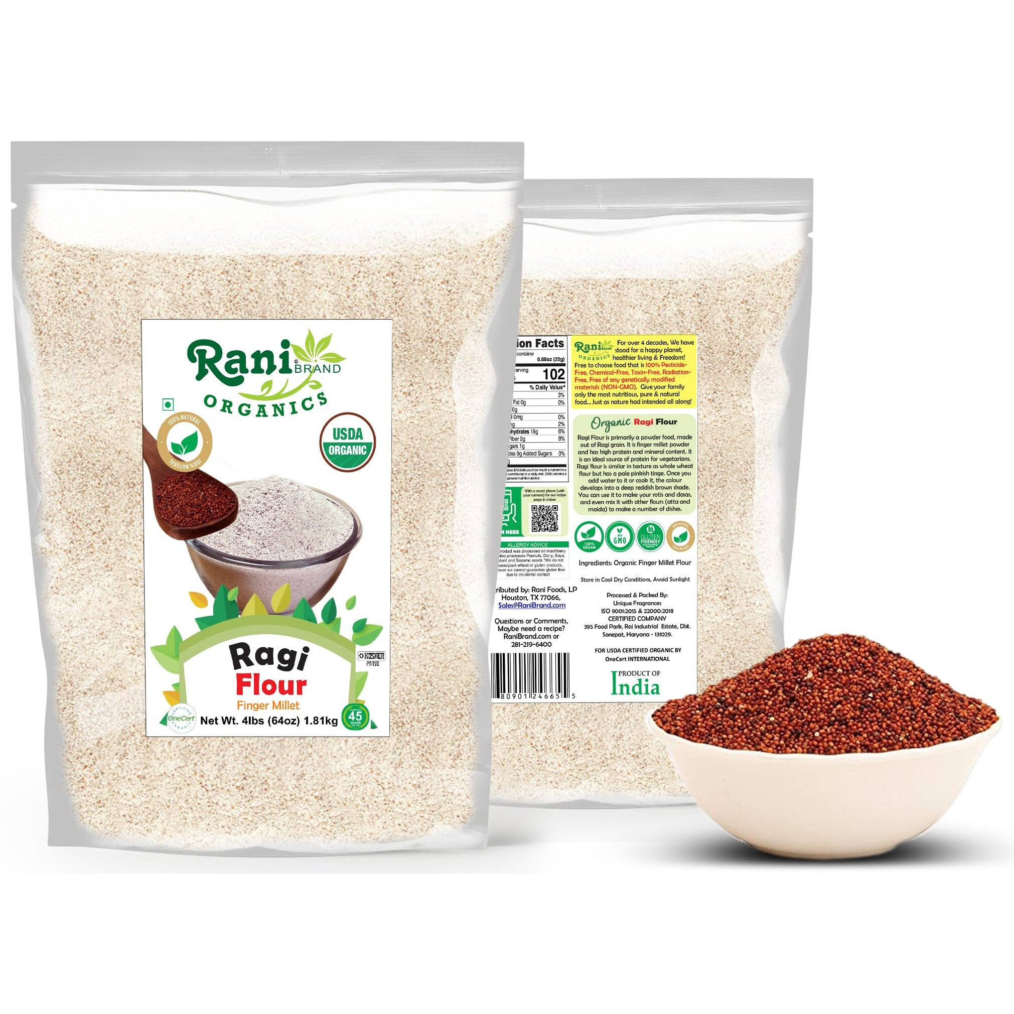 Rani Organic Ragi (Finger Millet) Flour 64oz (4lbs) 1.81kg Bulk ~ All Natural, Vegan, Gluten Friendly, NON-GMO, Kosher, Indian Origin, USDA Certified Organic