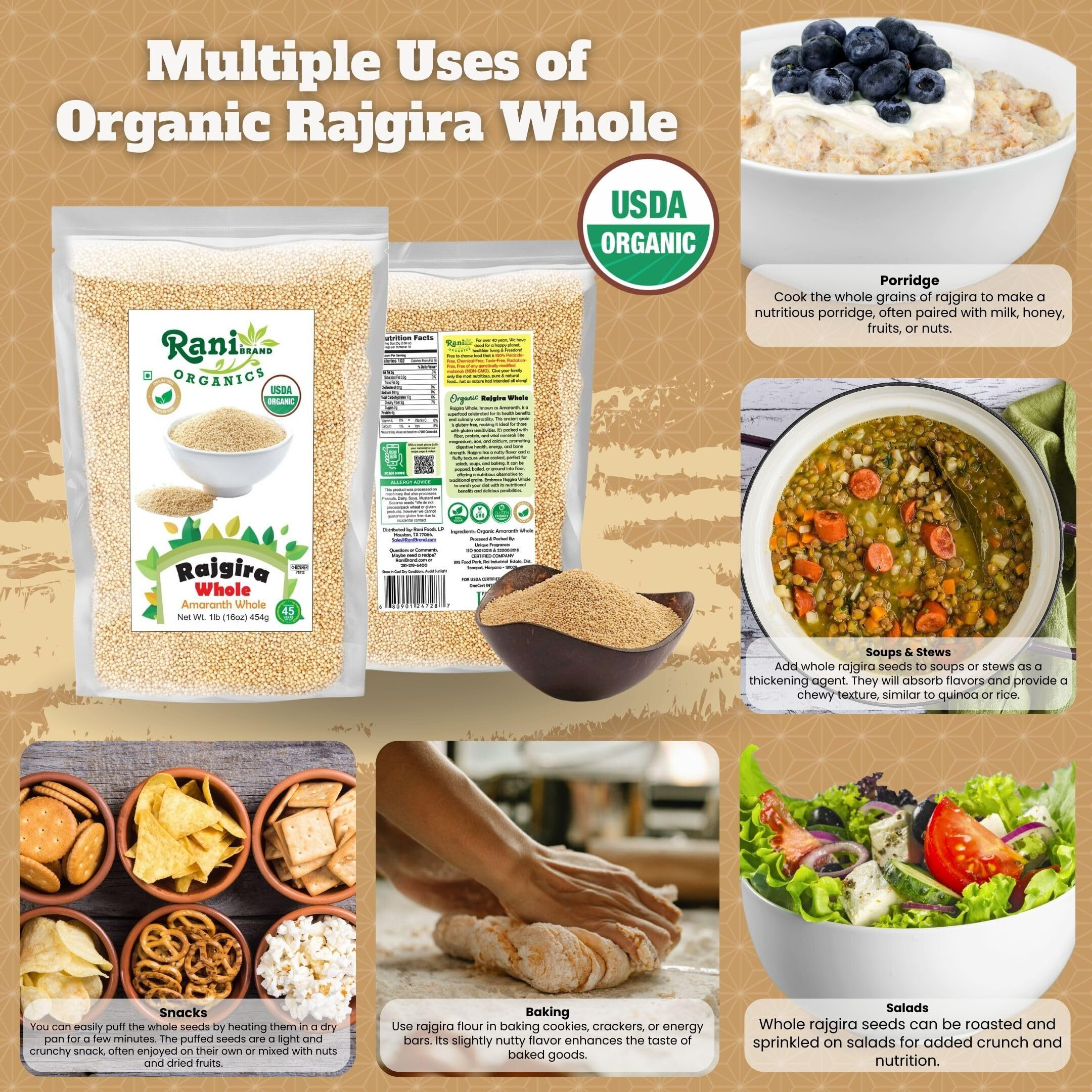 Rani Organic Rajgara Whole (Amaranth Whole) 16oz (1lb) 454g ~ All Natural, Vegan, Gluten Friendly, NON-GMO, Kosher, Indian Origin, USDA Organic Certified