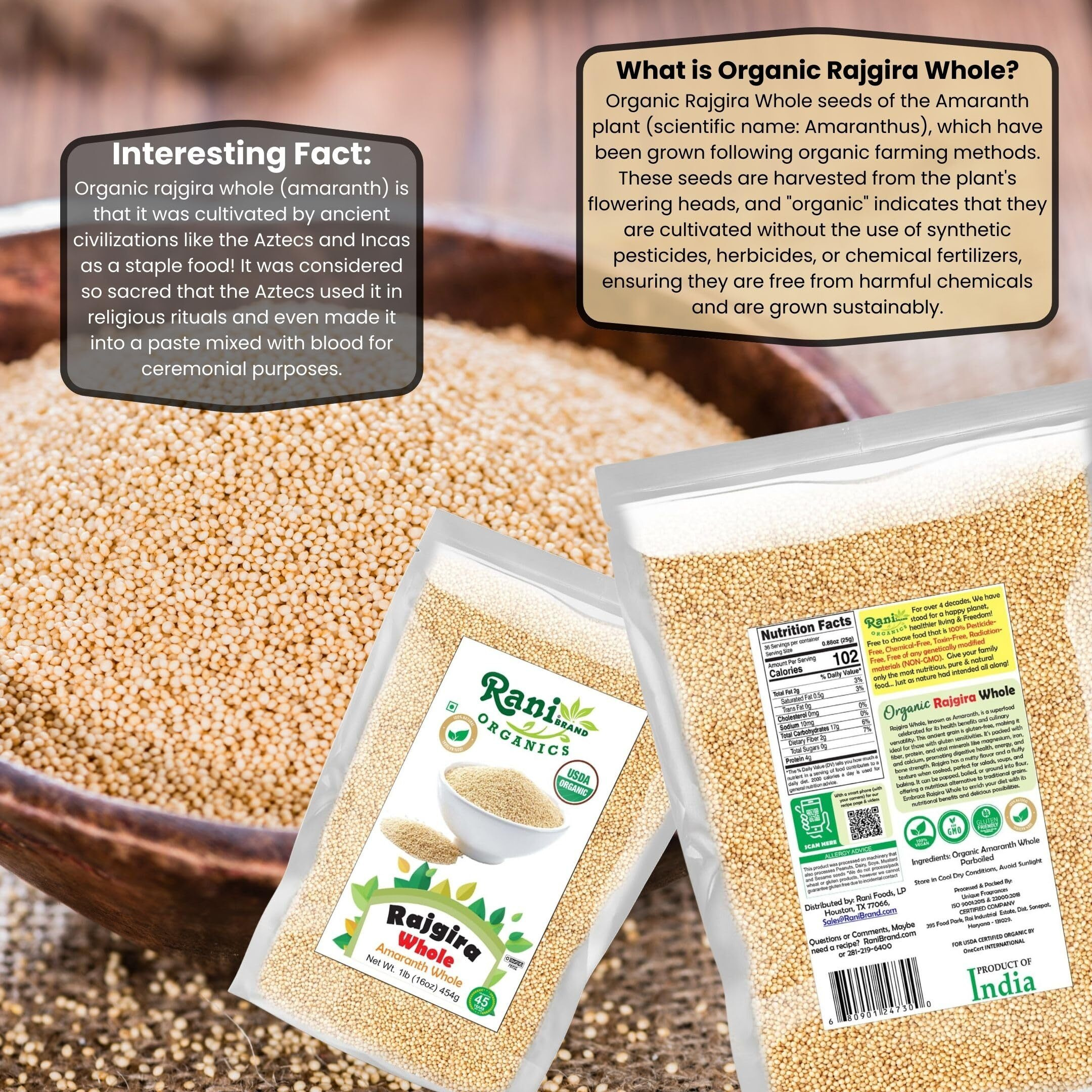 Rani Organic Rajgara Whole (Amaranth Whole) 16oz (1lb) 454g ~ All Natural, Vegan, Gluten Friendly, NON-GMO, Kosher, Indian Origin, USDA Organic Certified