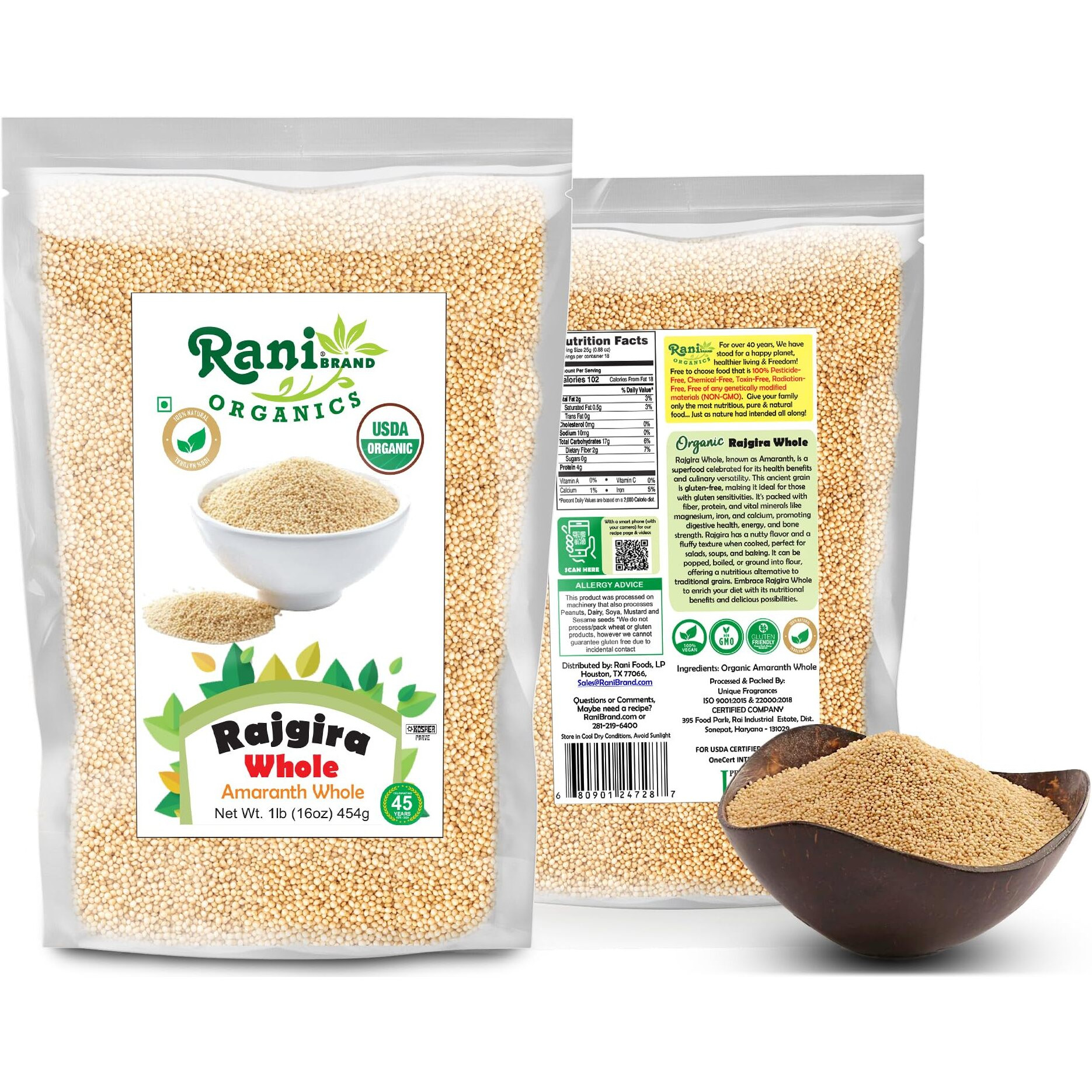 Rani Organic Rajgara Whole (Amaranth Whole) 16oz (1lb) 454g ~ All Natural, Vegan, Gluten Friendly, NON-GMO, Kosher, Indian Origin, USDA Organic Certified
