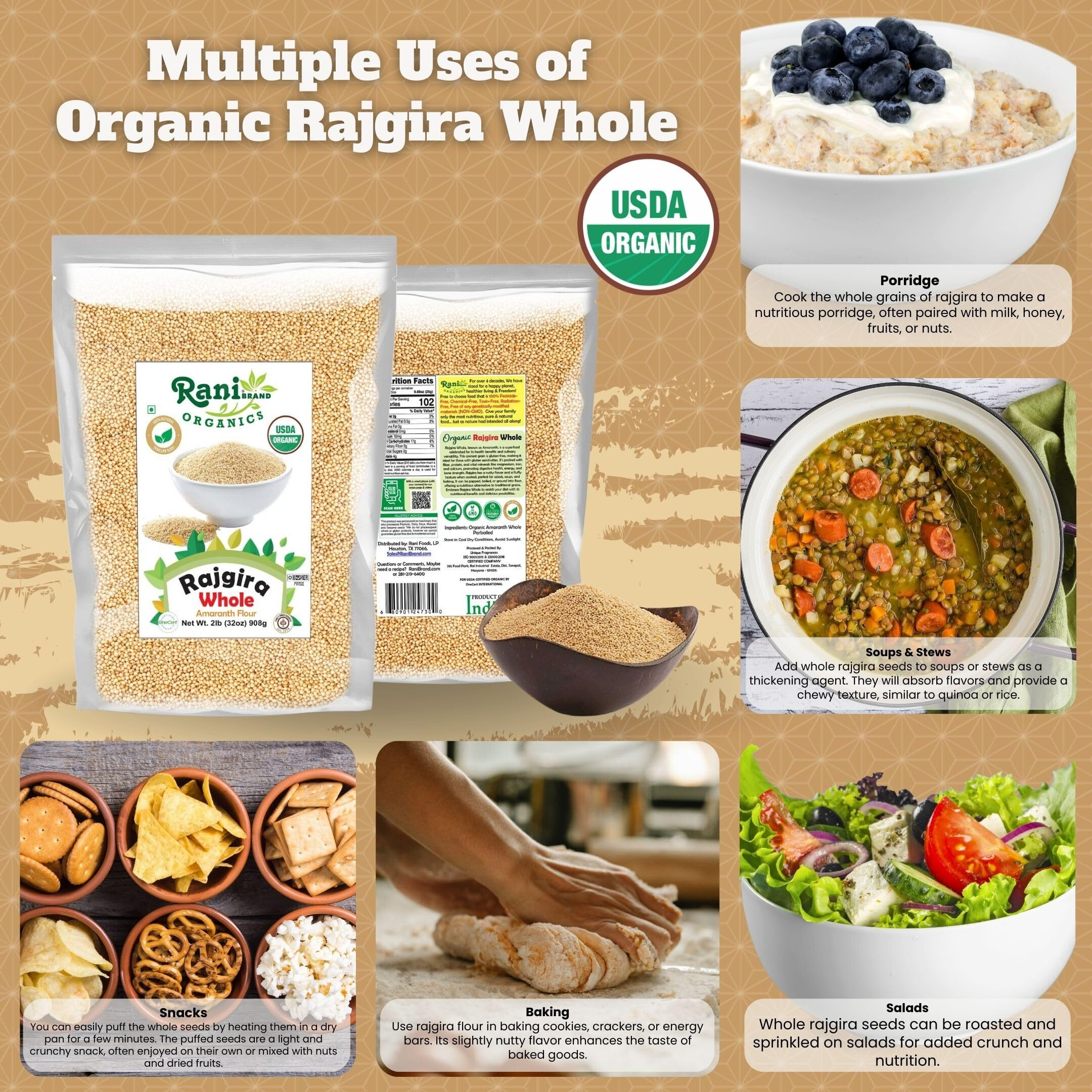 Rani Organic Rajgara Whole (Amaranth Whole) 32oz (2lbs) 908g Bulk ~ All Natural, Vegan, Gluten Friendly, NON-GMO, Kosher, Indian Origin, USDA Organic Certified