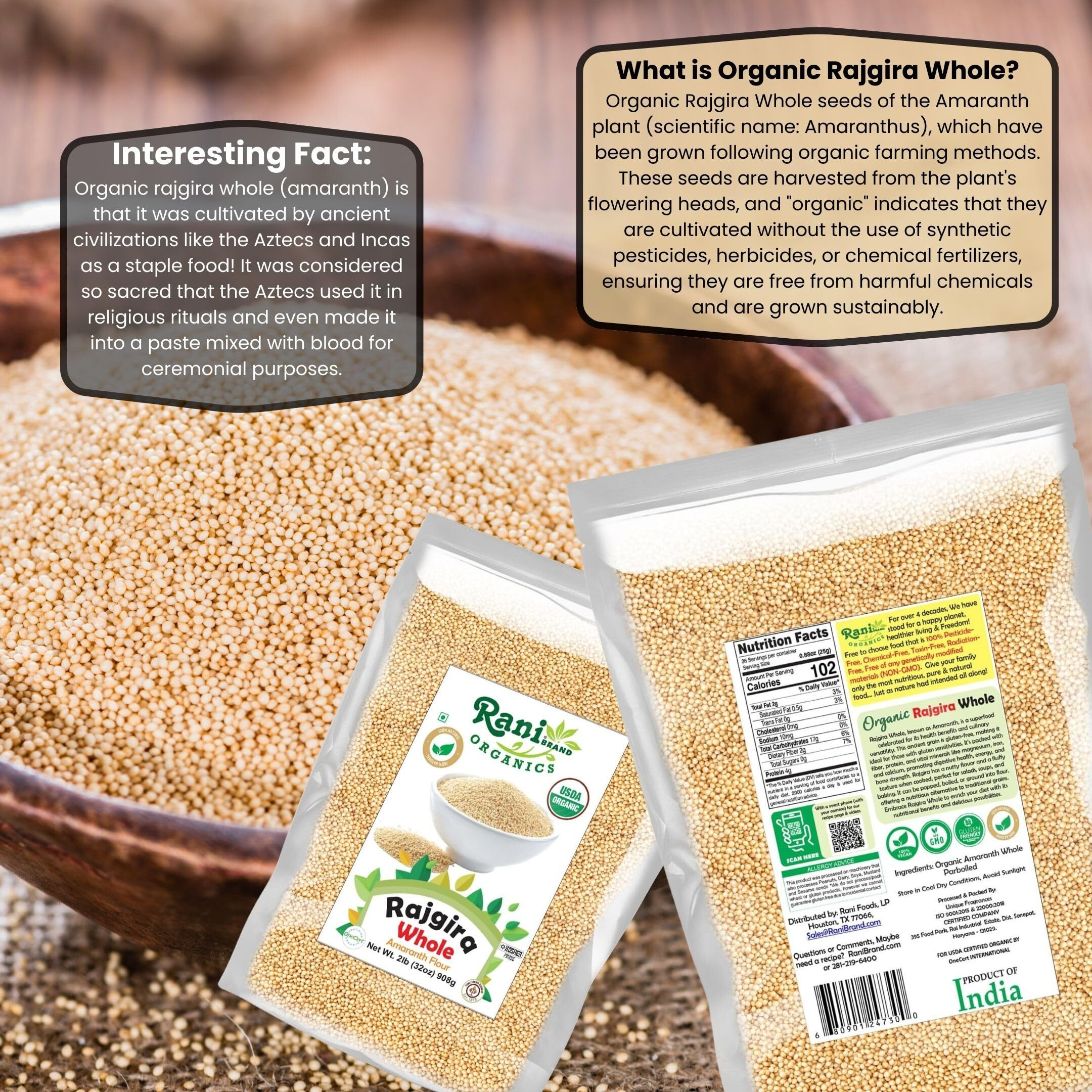 Rani Organic Rajgara Whole (Amaranth Whole) 32oz (2lbs) 908g Bulk ~ All Natural, Vegan, Gluten Friendly, NON-GMO, Kosher, Indian Origin, USDA Organic Certified