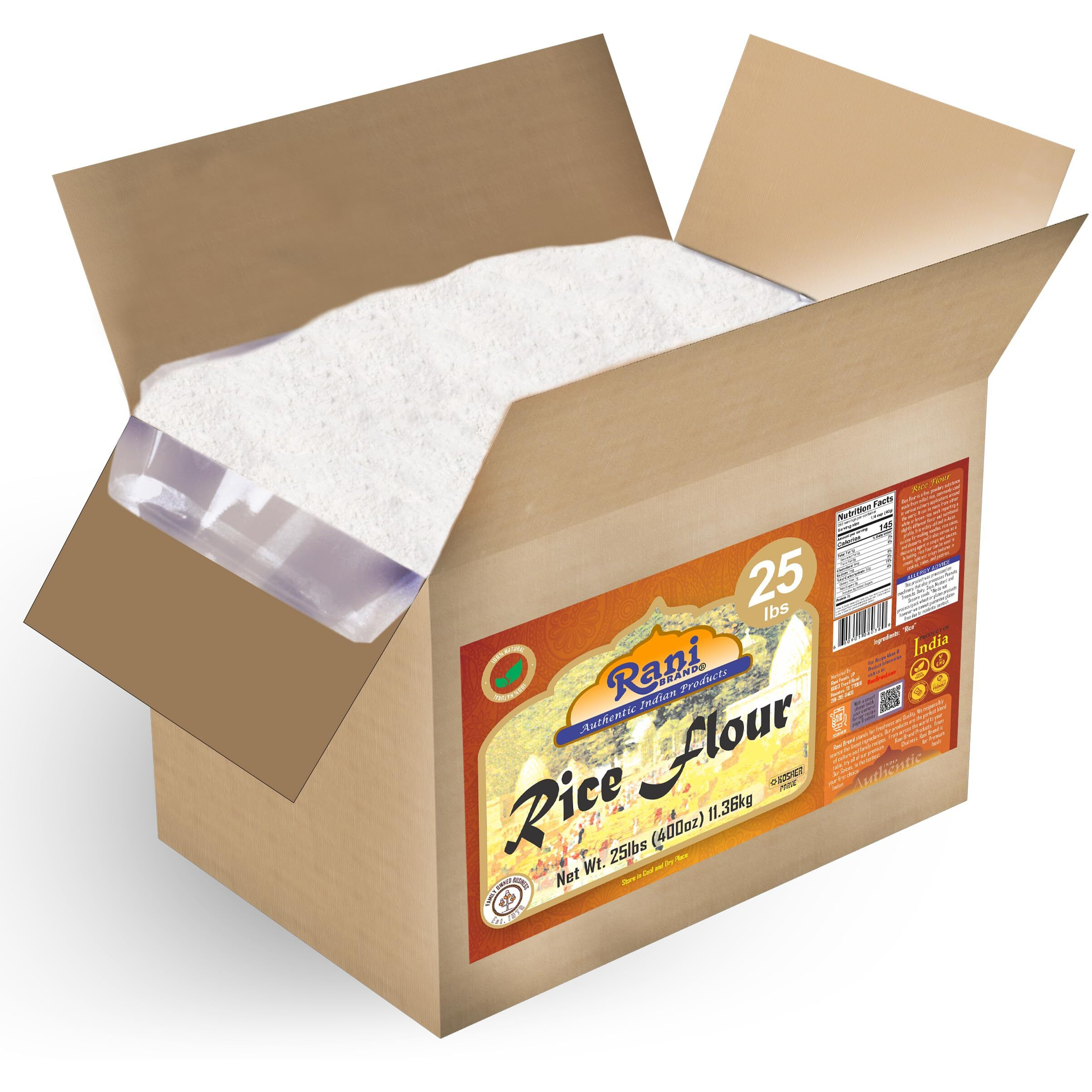 Rani Rice (White) Flour 400oz (25lbs) 11.36kg Bulk Box ~ All Natural, Gluten Friendly, Vegan, NON-GMO, Kosher, Indian Origin
