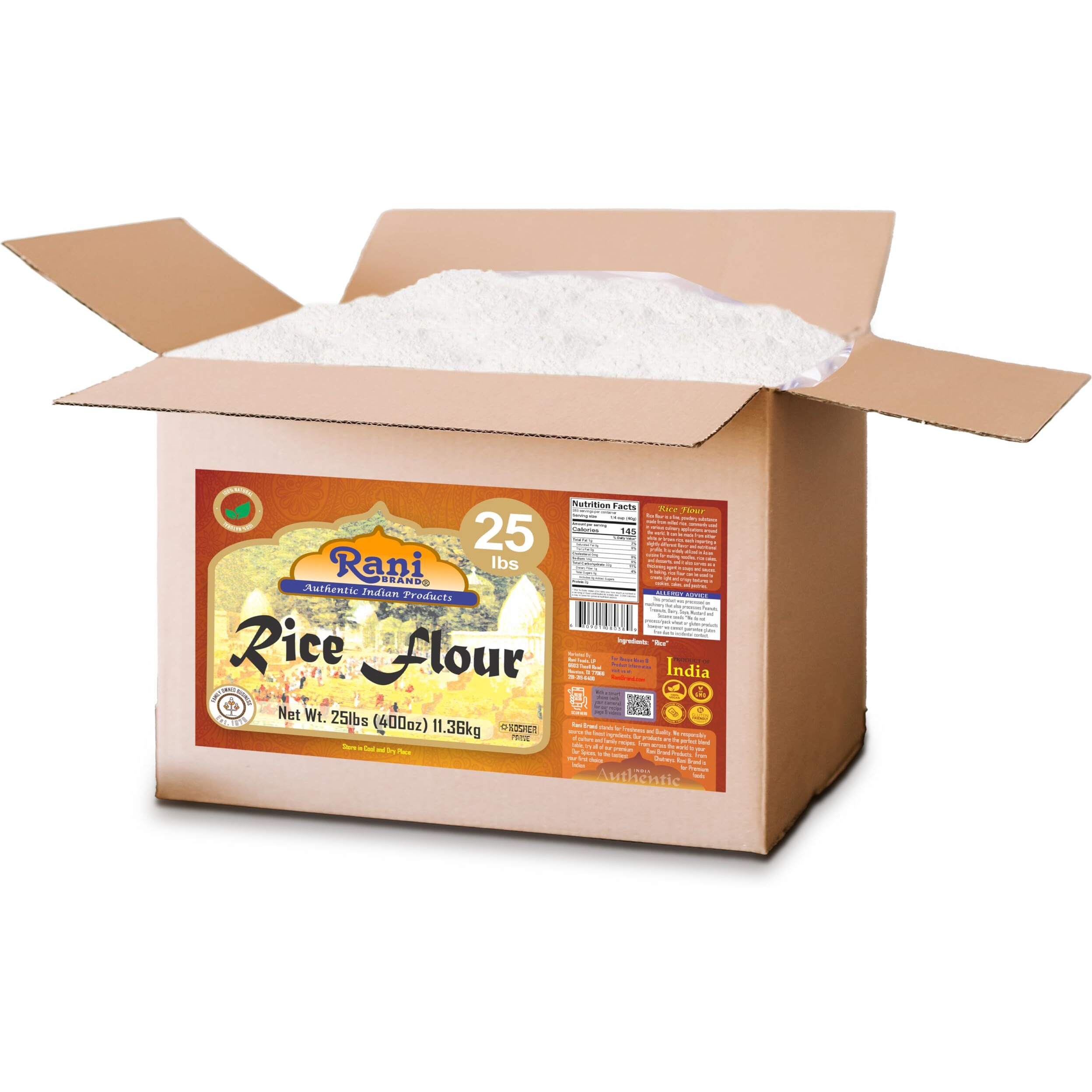 Rani Rice (White) Flour 400oz (25lbs) 11.36kg Bulk Box ~ All Natural, Gluten Friendly, Vegan, NON-GMO, Kosher, Indian Origin