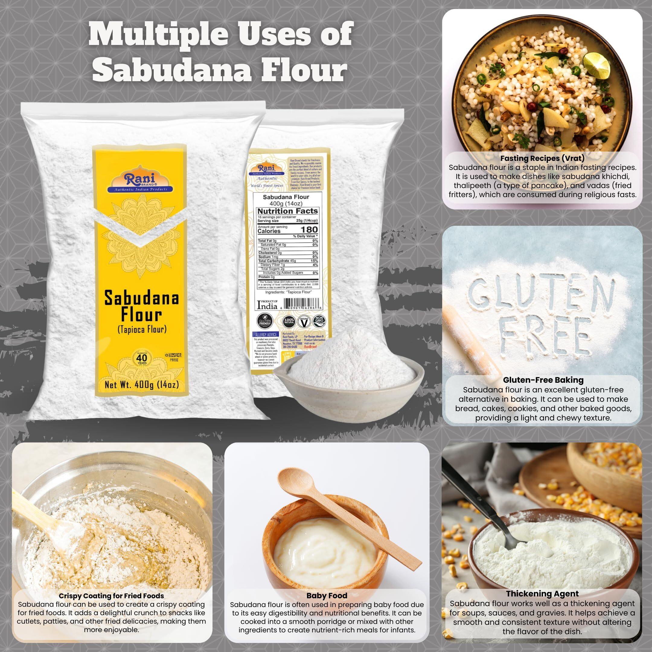 Rani Sabudana Flour (Tapioca/Sago Flour) 14oz (400g) ~ All Natural, Vegan, Gluten Friendly, NON-GMO, Kosher, Indian Origin
