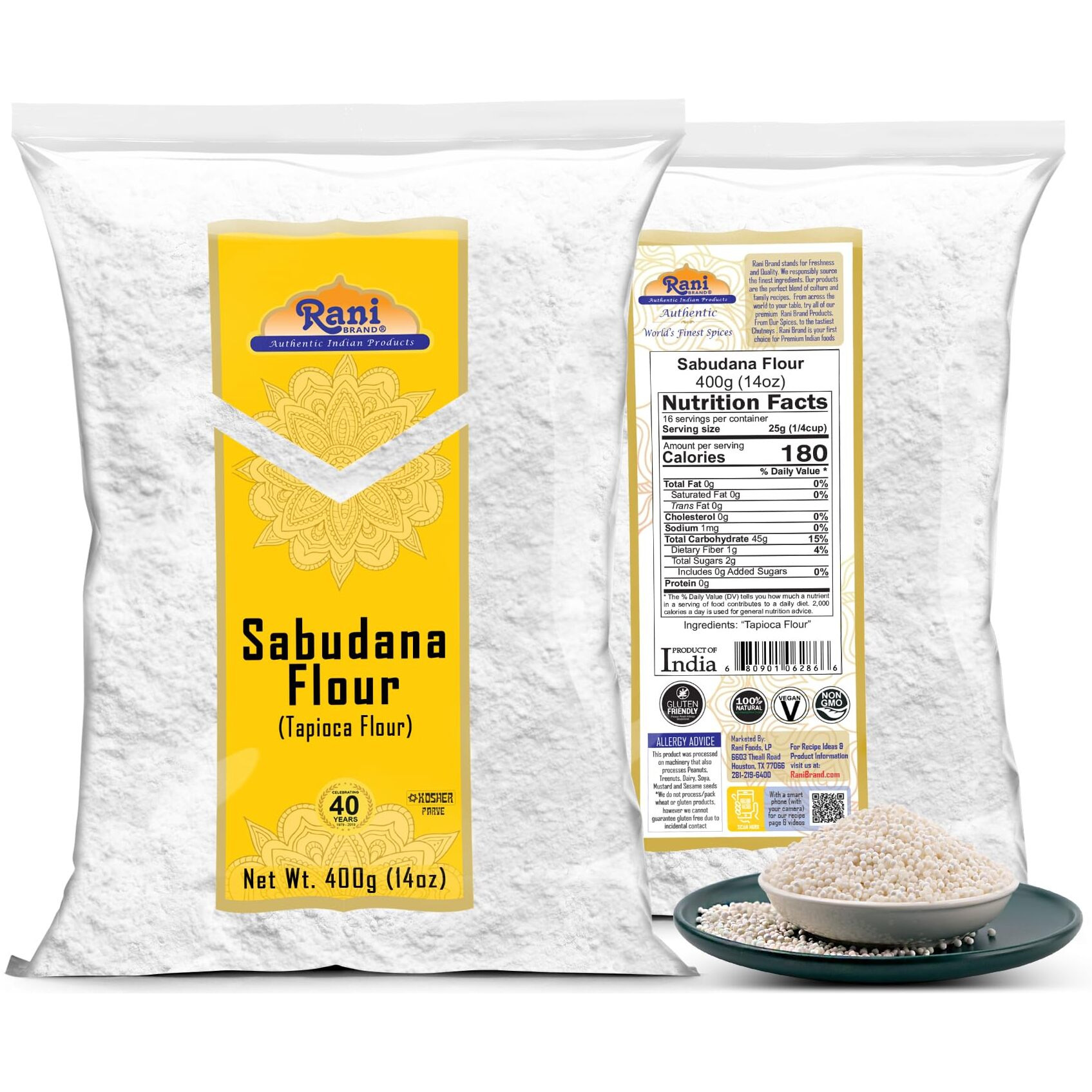 Rani Sabudana Flour (Tapioca/Sago Flour) 14oz (400g) ~ All Natural, Vegan, Gluten Friendly, NON-GMO, Kosher, Indian Origin