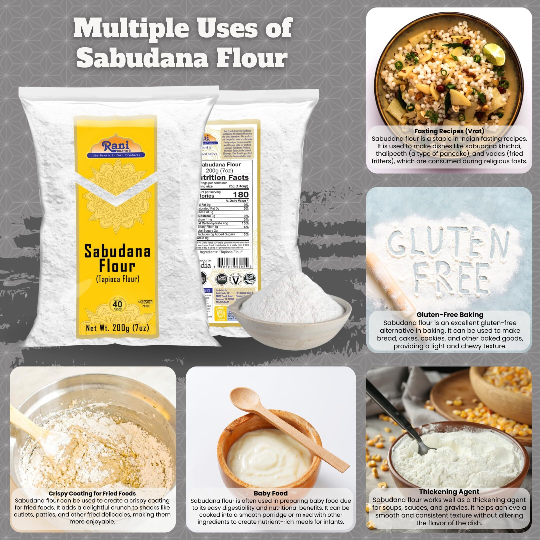 Rani Sabudana Flour (Tapioca/Sago Flour) 7oz (200g) ~ All Natural, Vegan, Gluten Friendly, NON-GMO, Kosher, Indian Origin