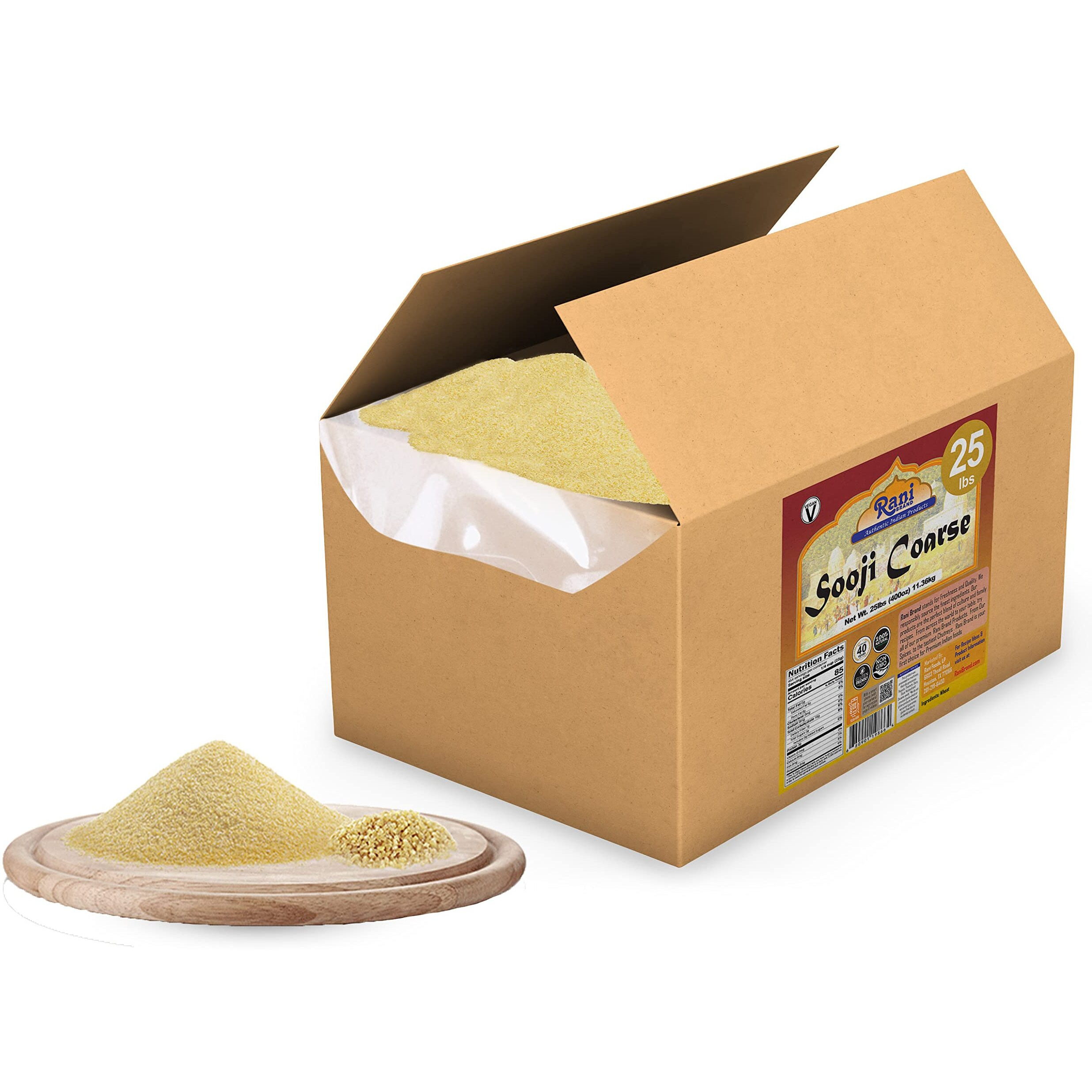 Rani Sooji Coarse (Farina, Suji, Rava, Rawa, Wheat Semolina) Flour 400oz (25lbs) 11.36kg Bulk Box ~ All Natural, Vegan, NON-GMO, Indian Origin (Size 400oz (25lbs) 11.36kg)