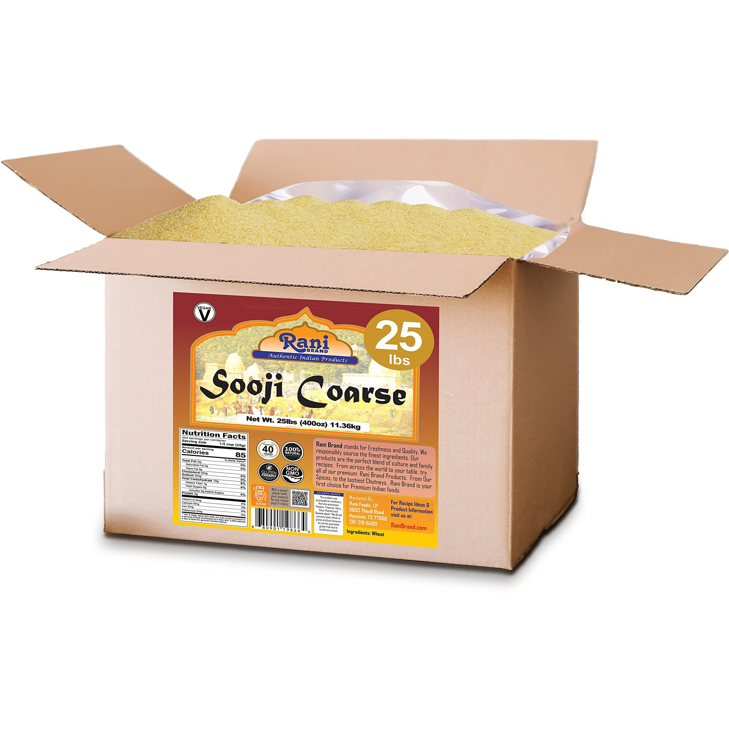 Rani Sooji Coarse (Farina, Suji, Rava, Rawa, Wheat Semolina) Flour 400oz (25lbs) 11.36kg Bulk Box ~ All Natural, Vegan, NON-GMO, Indian Origin (Size 400oz (25lbs) 11.36kg)