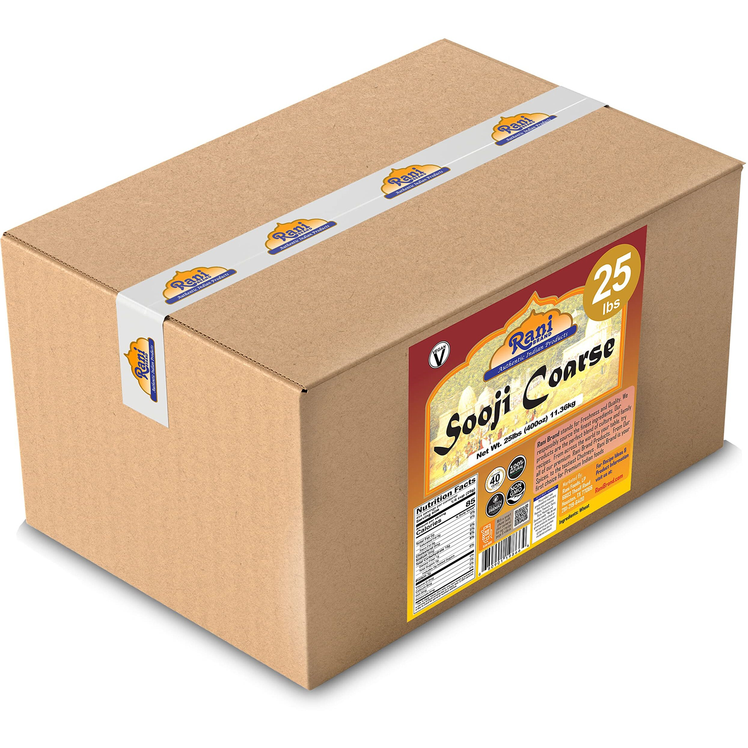 Rani Sooji Coarse (Farina, Suji, Rava, Rawa, Wheat Semolina) Flour 400oz (25lbs) 11.36kg Bulk Box ~ All Natural, Vegan, NON-GMO, Indian Origin (Size 400oz (25lbs) 11.36kg)