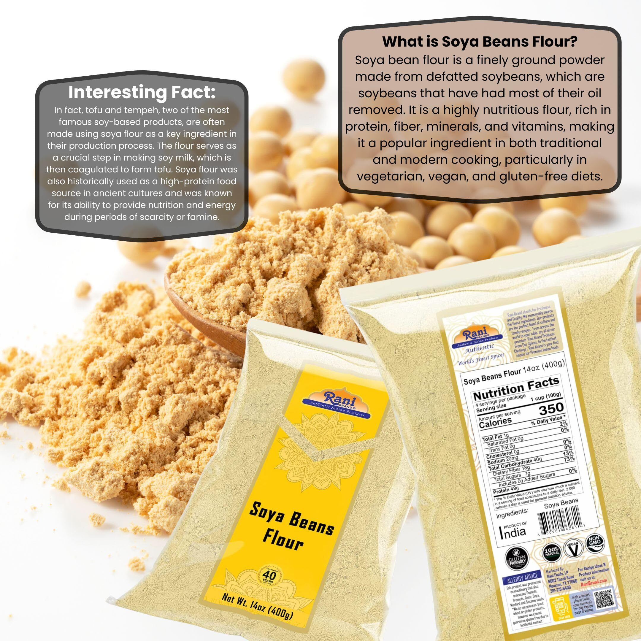 Rani Soya Beans Flour (Soy flour) 14oz (400g) ~ All Natural, Vegan, Gluten Friendly, NON-GMO, Kosher, Indian Origin (Size 14oz (400g))