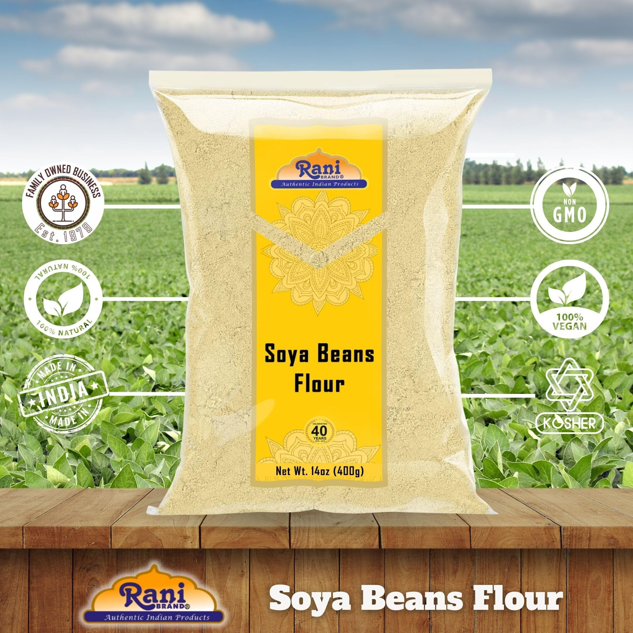 Rani Soya Beans Flour (Soy flour) 14oz (400g) ~ All Natural, Vegan, Gluten Friendly, NON-GMO, Kosher, Indian Origin (Size 14oz (400g))