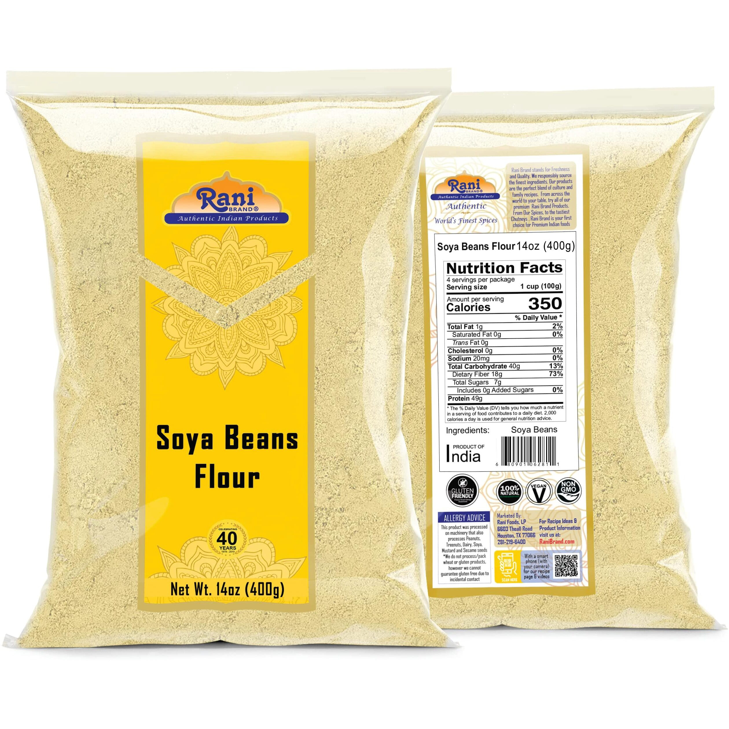 Rani Soya Beans Flour (Soy flour) 14oz (400g) ~ All Natural, Vegan, Gluten Friendly, NON-GMO, Kosher, Indian Origin (Size 14oz (400g))