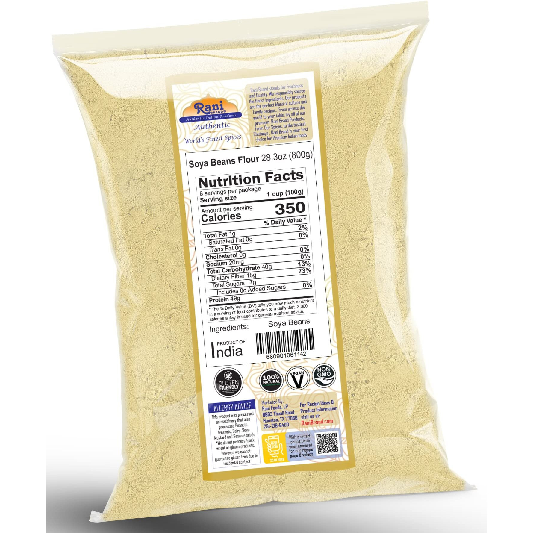 Rani Soya Beans Flour (Soy flour) 28oz (800g) ~ All Natural, Vegan, Gluten Friendly, NON-GMO, Kosher, Indian Origin (Size 28oz (800g))