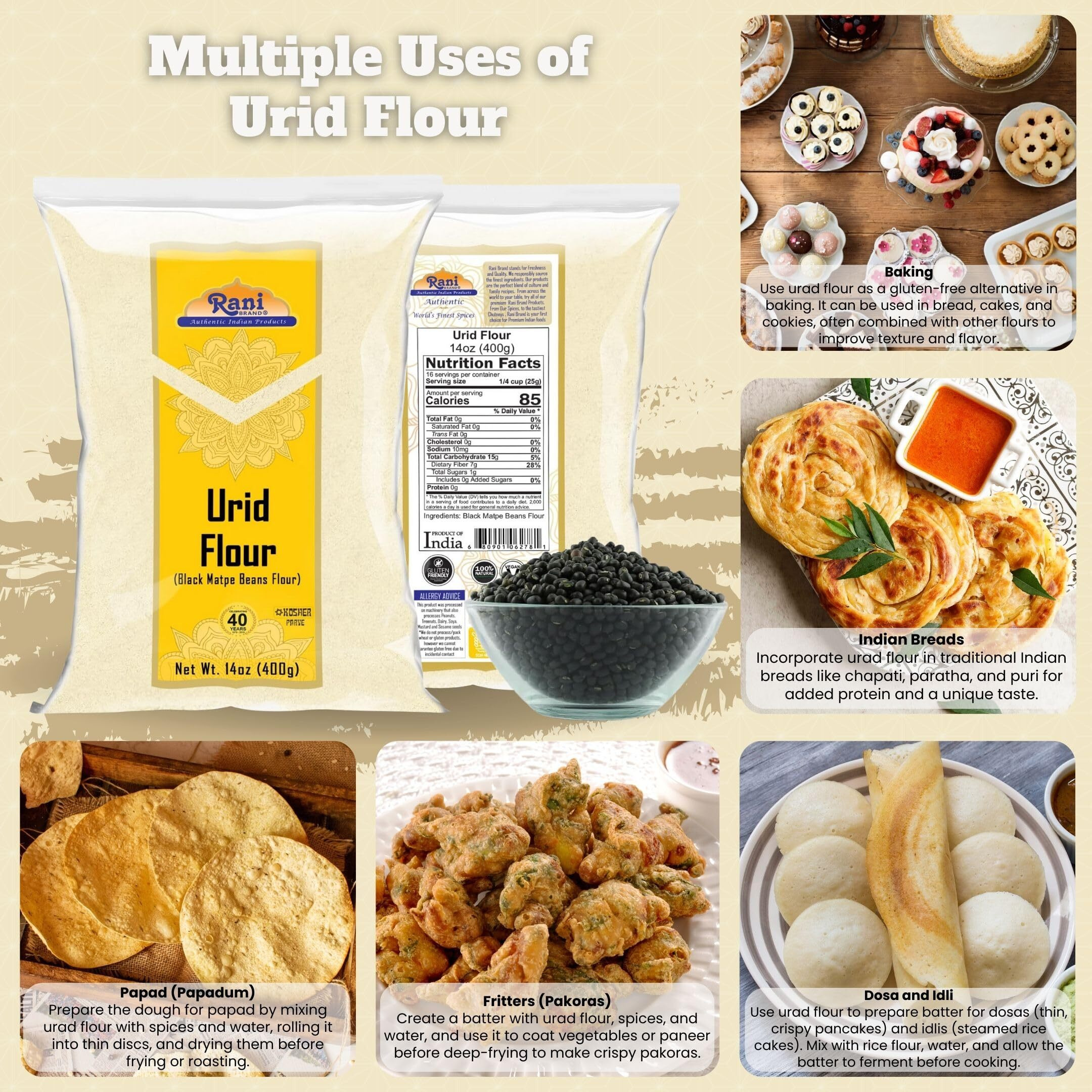 Rani Urid/Urad Flour (Black Matpe Beans Flour) 14oz (400g) ~ All Natural, Vegan, Gluten Friendly, NON-GMO, Kosher, Indian Origin (Size 14oz (400g))