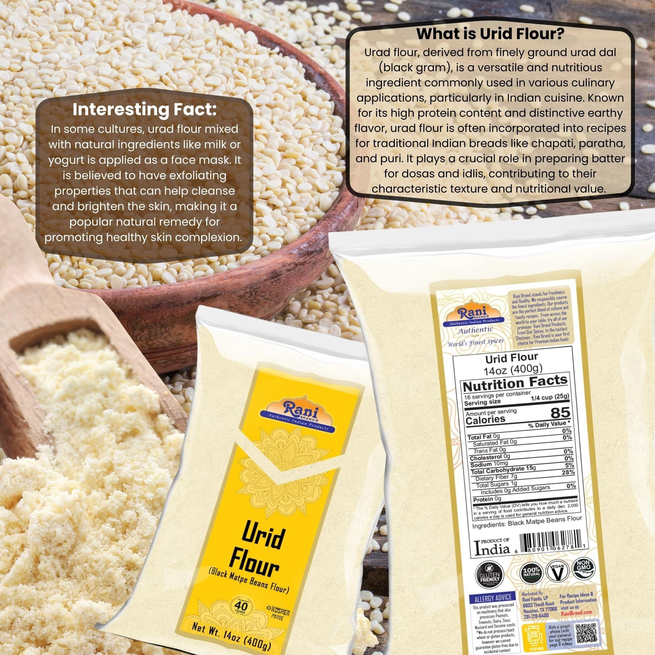 Rani Urid/Urad Flour (Black Matpe Beans Flour) 14oz (400g) ~ All Natural, Vegan, Gluten Friendly, NON-GMO, Kosher, Indian Origin (Size 14oz (400g))