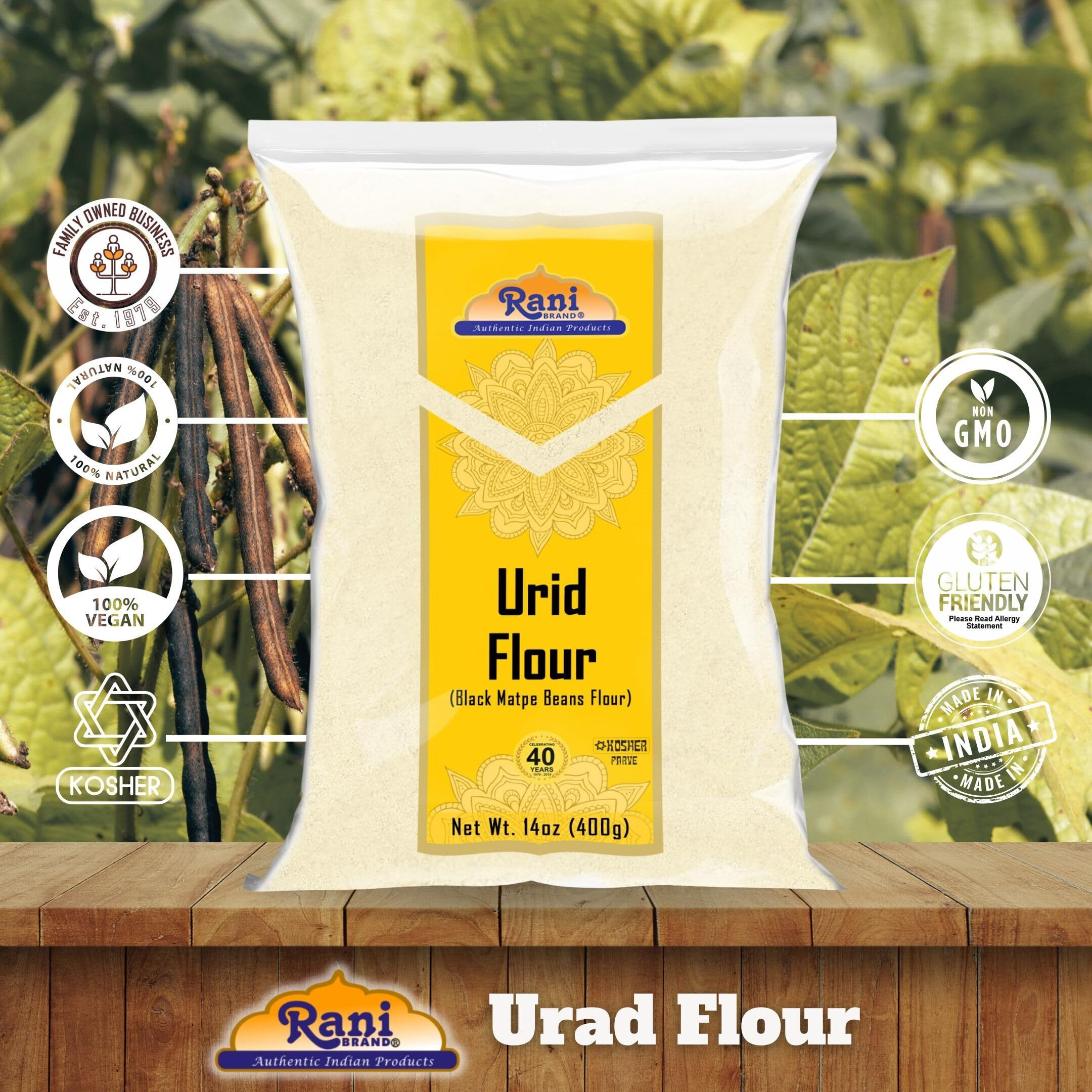 Rani Urid/Urad Flour (Black Matpe Beans Flour) 14oz (400g) ~ All Natural, Vegan, Gluten Friendly, NON-GMO, Kosher, Indian Origin (Size 14oz (400g))