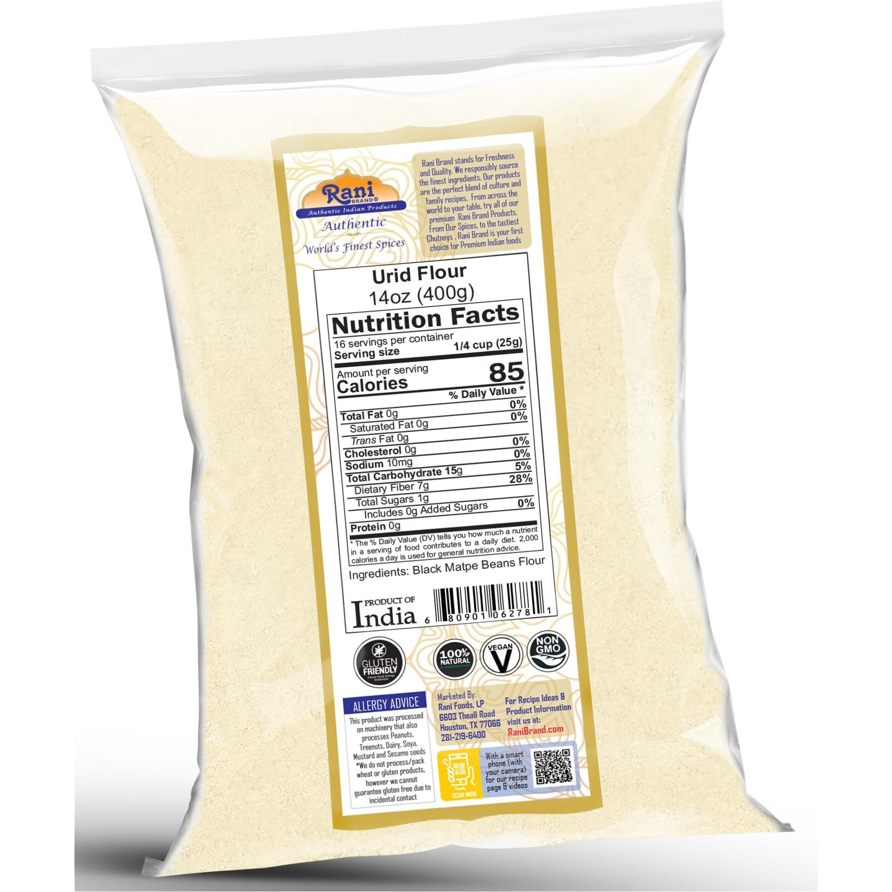 Rani Urid/Urad Flour (Black Matpe Beans Flour) 14oz (400g) ~ All Natural, Vegan, Gluten Friendly, NON-GMO, Kosher, Indian Origin (Size 14oz (400g))