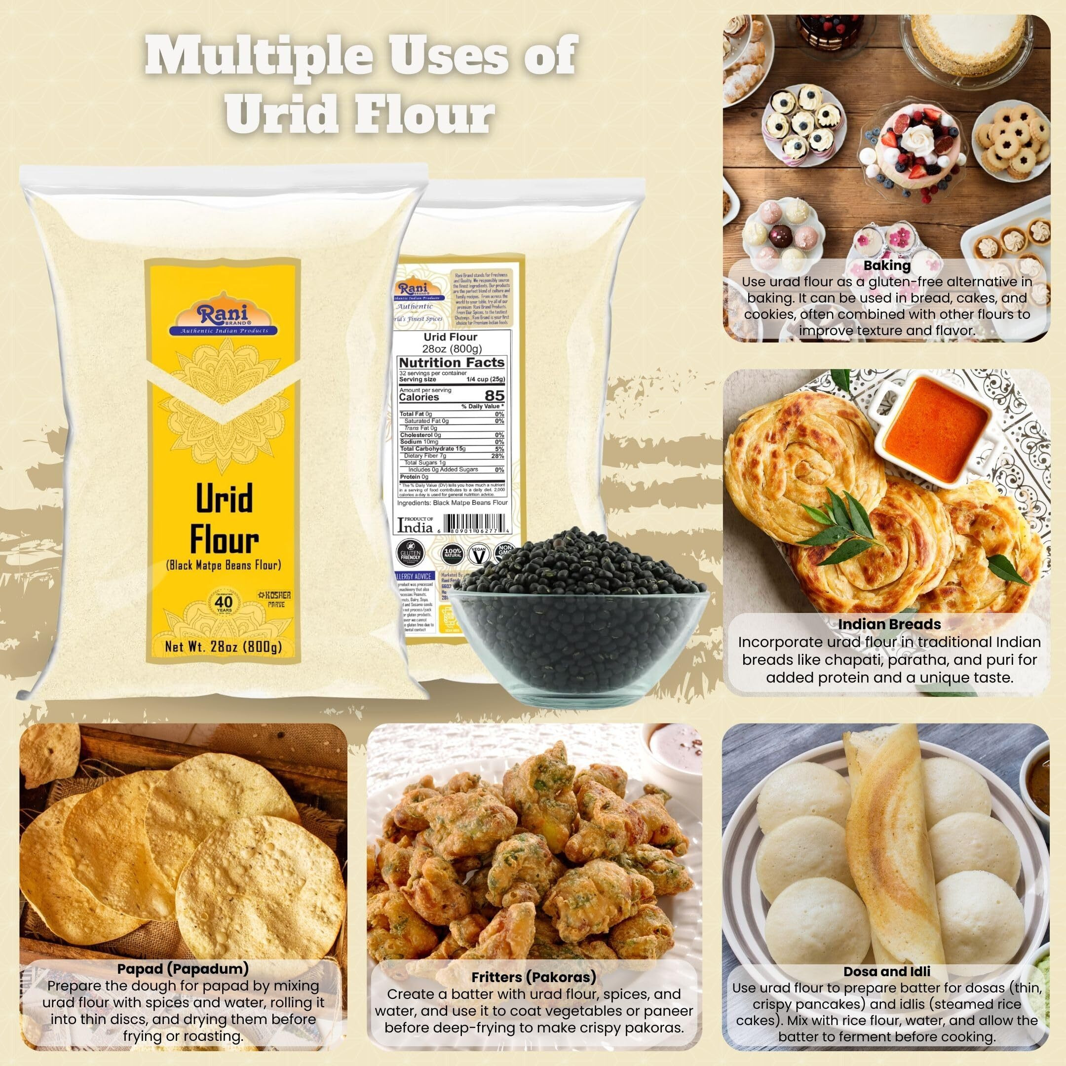 Rani Urid/Urad Flour (Black Matpe Beans Flour) 28oz (1.75lbs) 800g ~ All Natural, Vegan, Gluten Friendly, NON-GMO, Kosher, Indian Origin (Size 28oz (1.75lbs) 800g)
