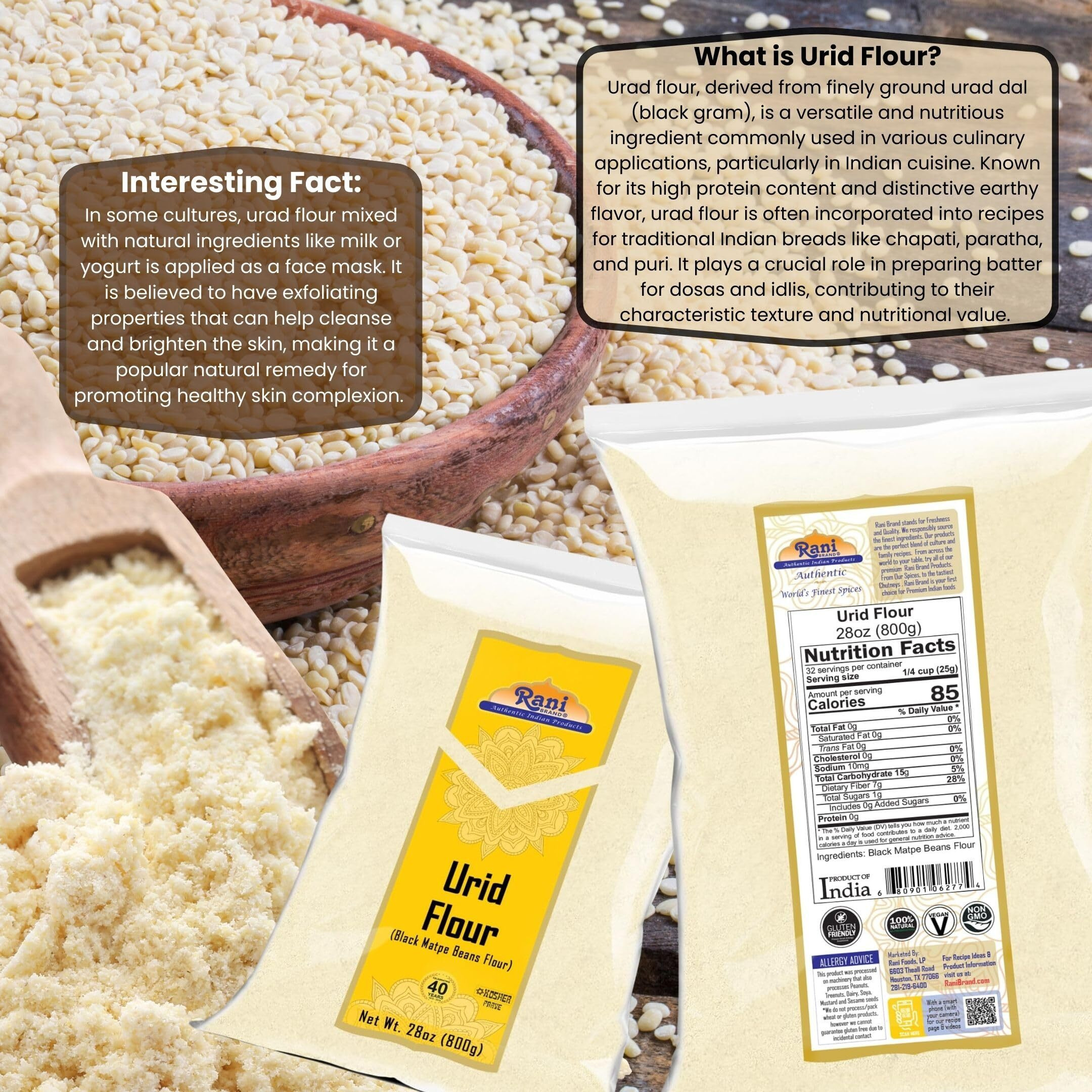 Rani Urid/Urad Flour (Black Matpe Beans Flour) 28oz (1.75lbs) 800g ~ All Natural, Vegan, Gluten Friendly, NON-GMO, Kosher, Indian Origin (Size 28oz (1.75lbs) 800g)