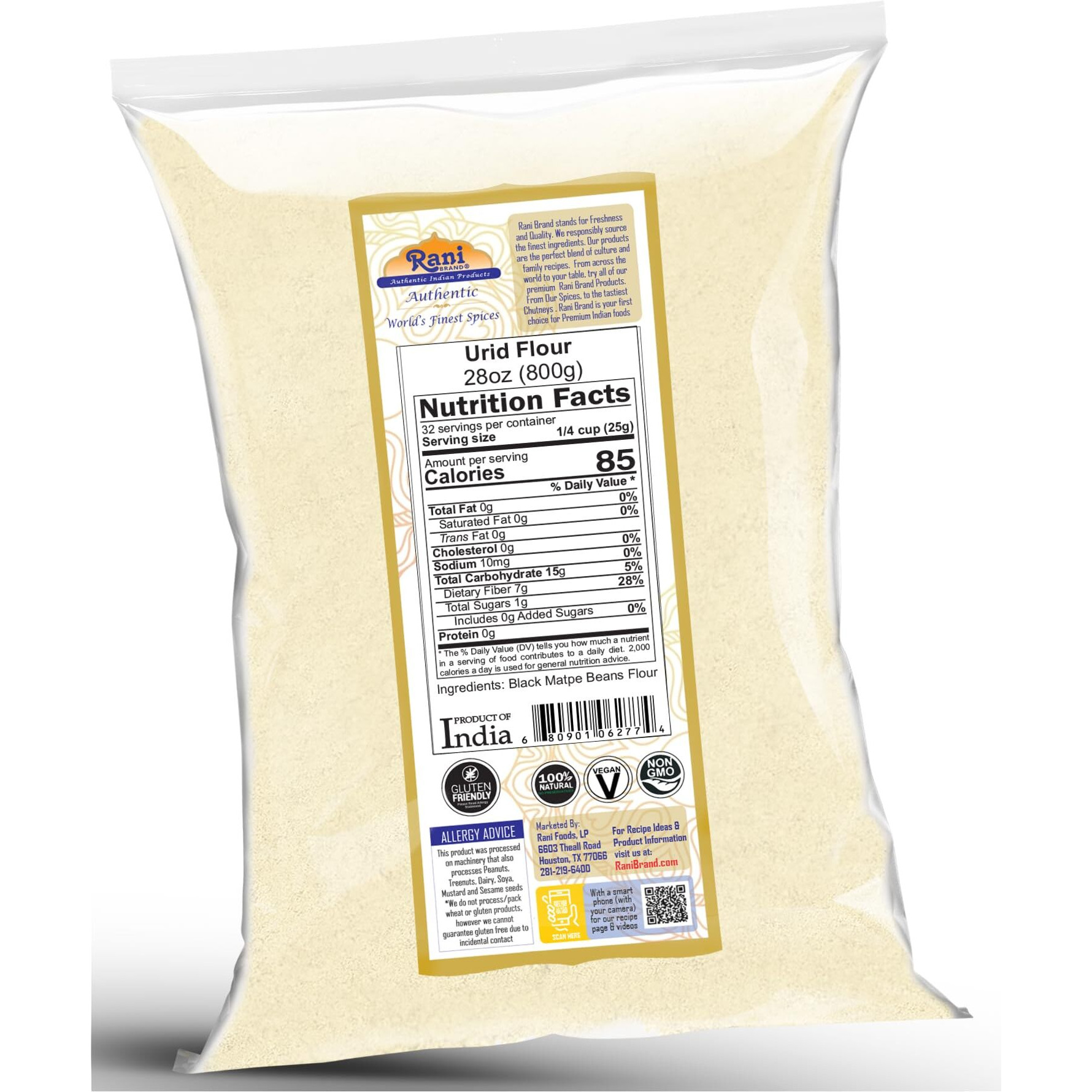 Rani Urid/Urad Flour (Black Matpe Beans Flour) 28oz (1.75lbs) 800g ~ All Natural, Vegan, Gluten Friendly, NON-GMO, Kosher, Indian Origin (Size 28oz (1.75lbs) 800g)