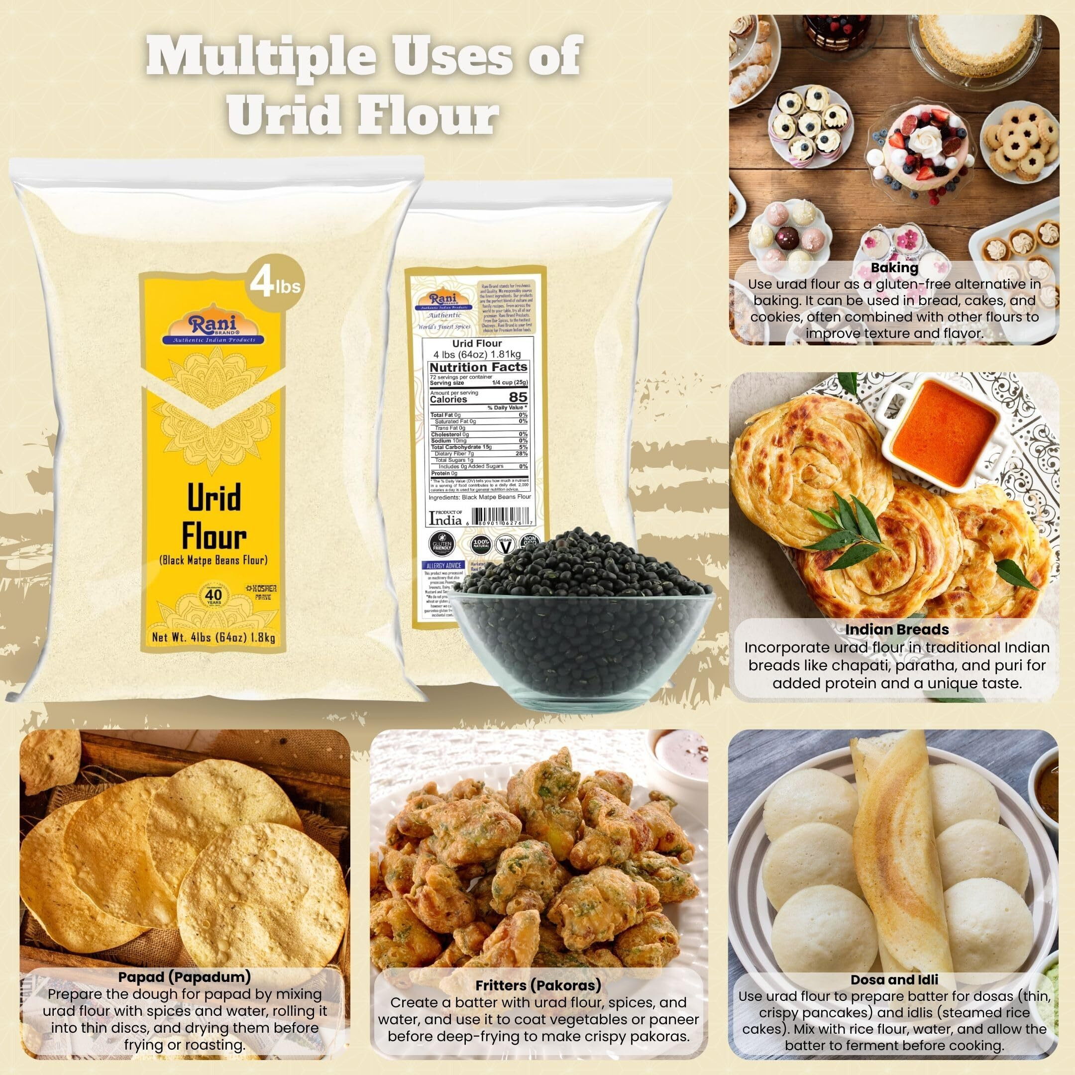 Rani Urid/Urad Flour (Black Matpe Beans Flour) 64oz (4lbs) 1.81kg Bulk ~ All Natural, Vegan, Gluten Friendly, NON-GMO, Kosher, Indian Origin (Size 64oz (4lbs) 1.81kg)