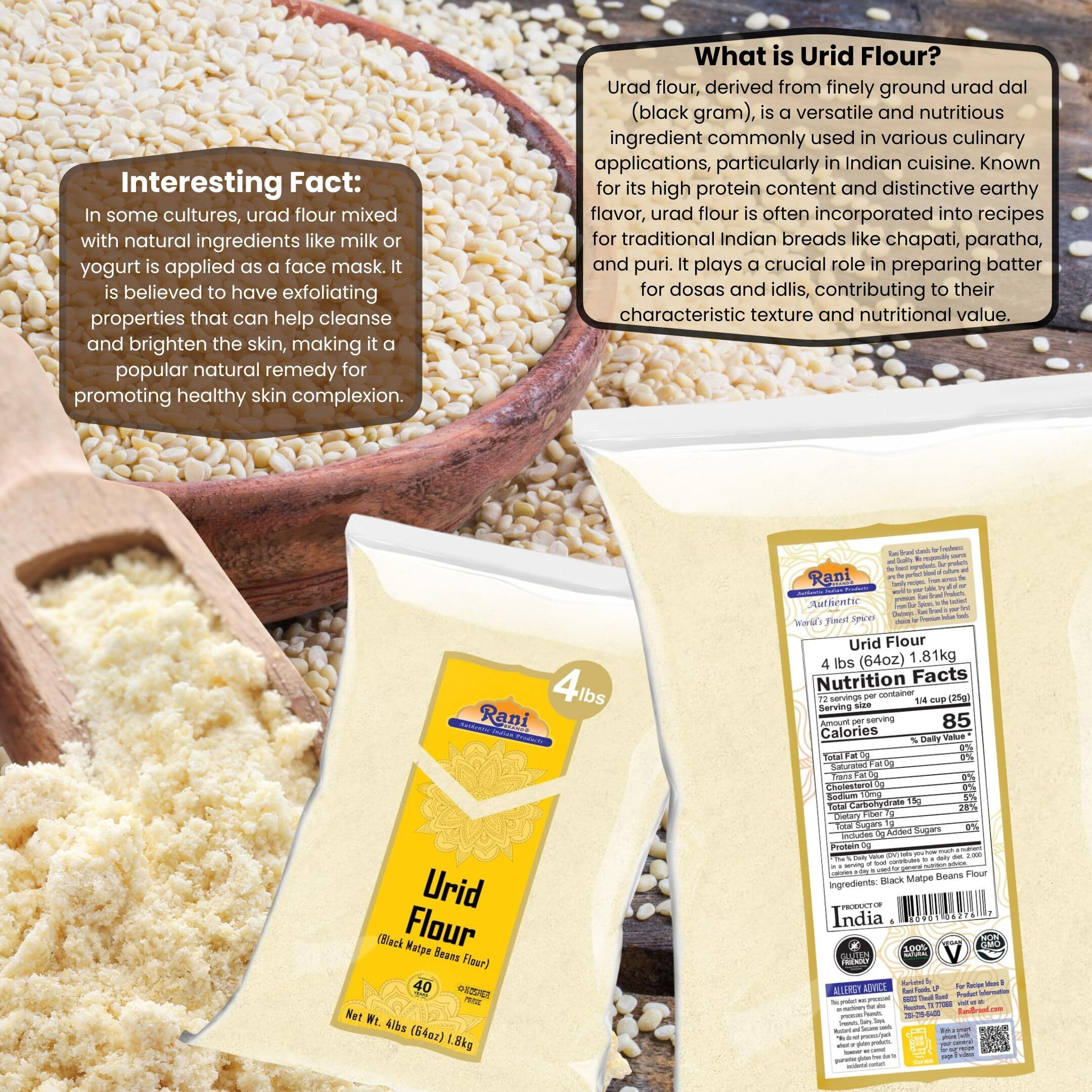 Rani Urid/Urad Flour (Black Matpe Beans Flour) 64oz (4lbs) 1.81kg Bulk ~ All Natural, Vegan, Gluten Friendly, NON-GMO, Kosher, Indian Origin (Size 64oz (4lbs) 1.81kg)