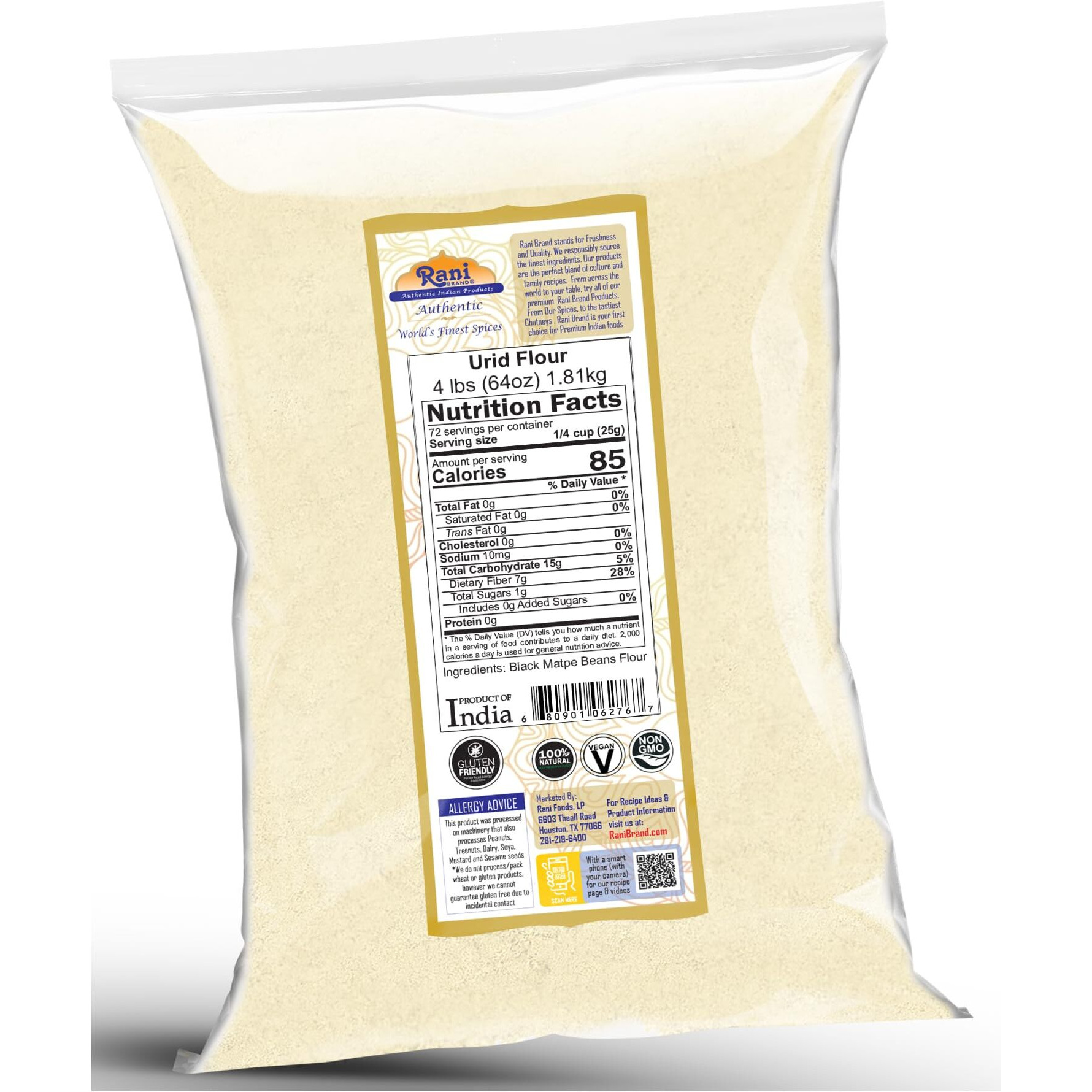 Rani Urid/Urad Flour (Black Matpe Beans Flour) 64oz (4lbs) 1.81kg Bulk ~ All Natural, Vegan, Gluten Friendly, NON-GMO, Kosher, Indian Origin (Size 64oz (4lbs) 1.81kg)