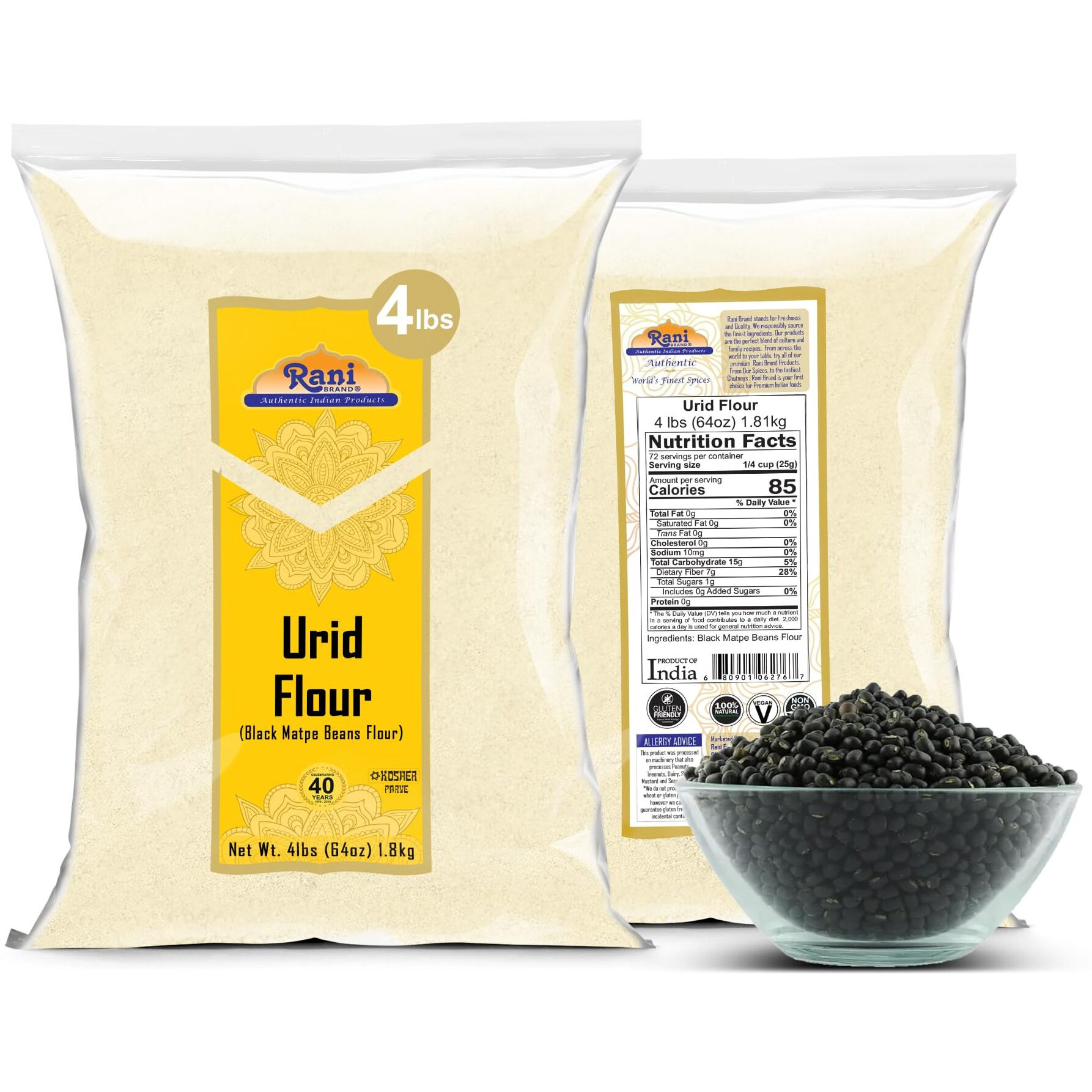 Rani Urid/Urad Flour (Black Matpe Beans Flour) 64oz (4lbs) 1.81kg Bulk ~ All Natural, Vegan, Gluten Friendly, NON-GMO, Kosher, Indian Origin (Size 64oz (4lbs) 1.81kg)