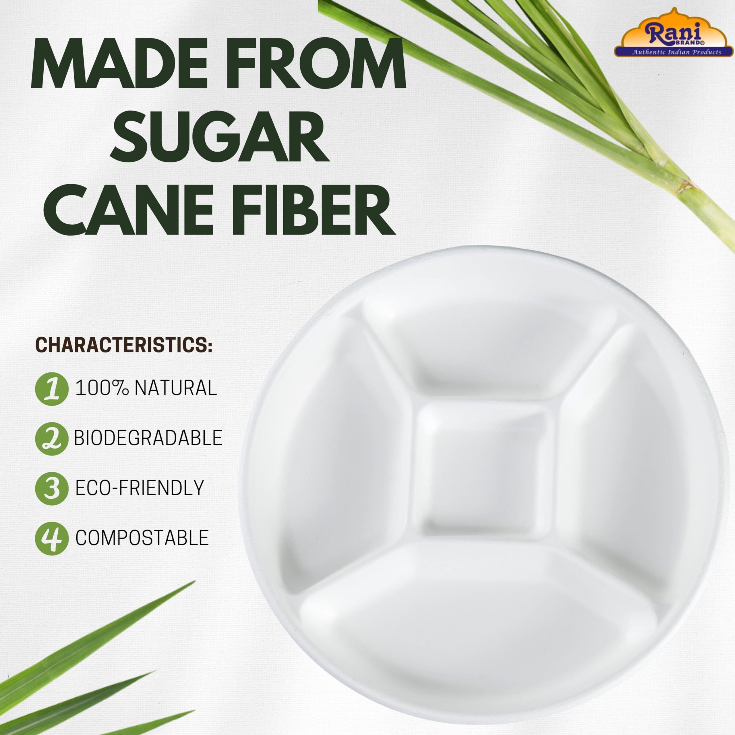 Rani 5 Compartment Round Biodegradable Divided Plates, Pack of 1000 ~ Party, Thali, Buffet, Disposable & Eco-Friendly, Heavy-Duty Sturdy Paper Bagasse, Premium Quality, 10  Diameter, 1.38  Height