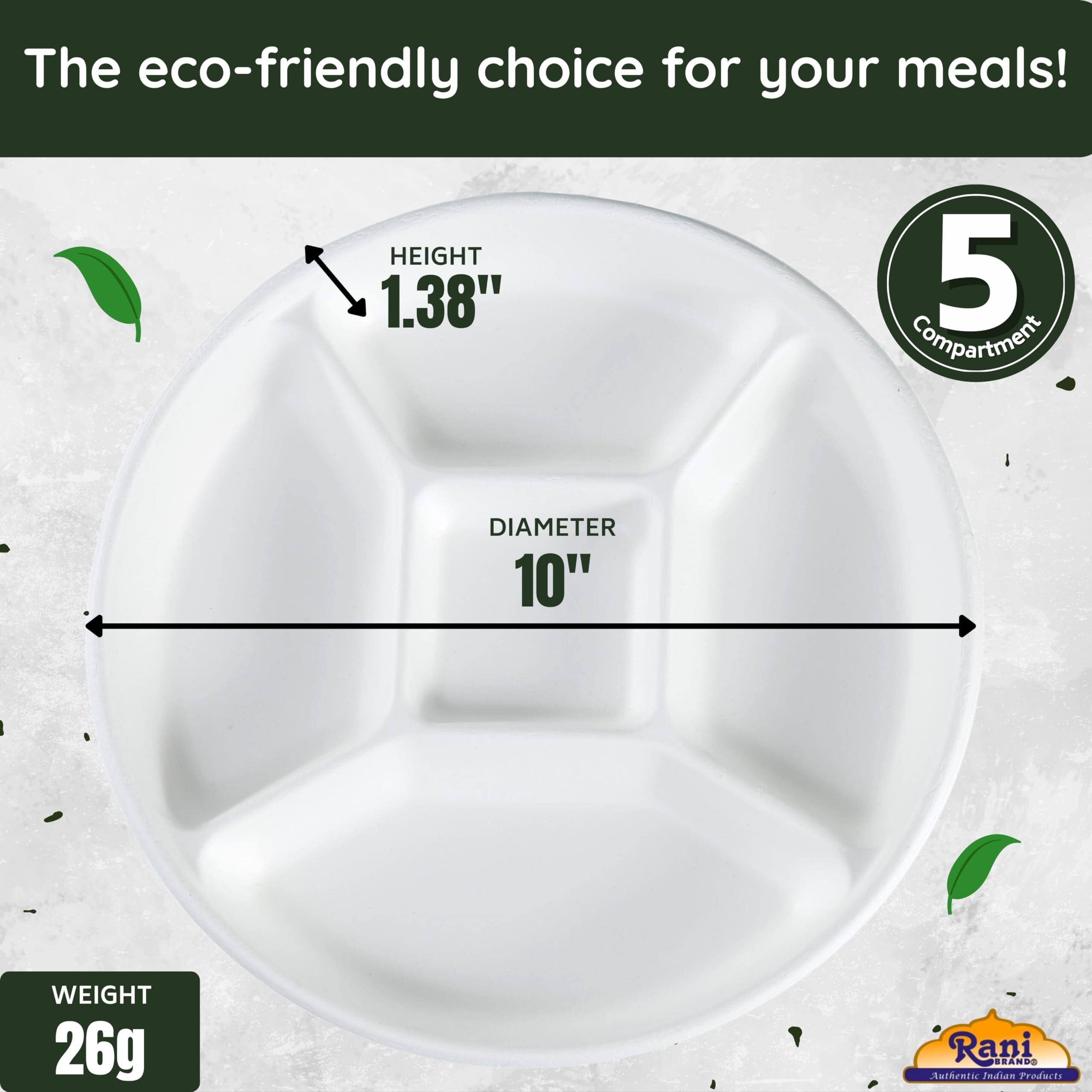 Rani 5 Compartment Round Biodegradable Divided Plates, Pack of 125 ~ Party, Thali, Buffet, Disposable & Eco-Friendly, Heavy-Duty Sturdy Paper Bagasse, Premium Quality, 10  Diameter, 1.38  Height