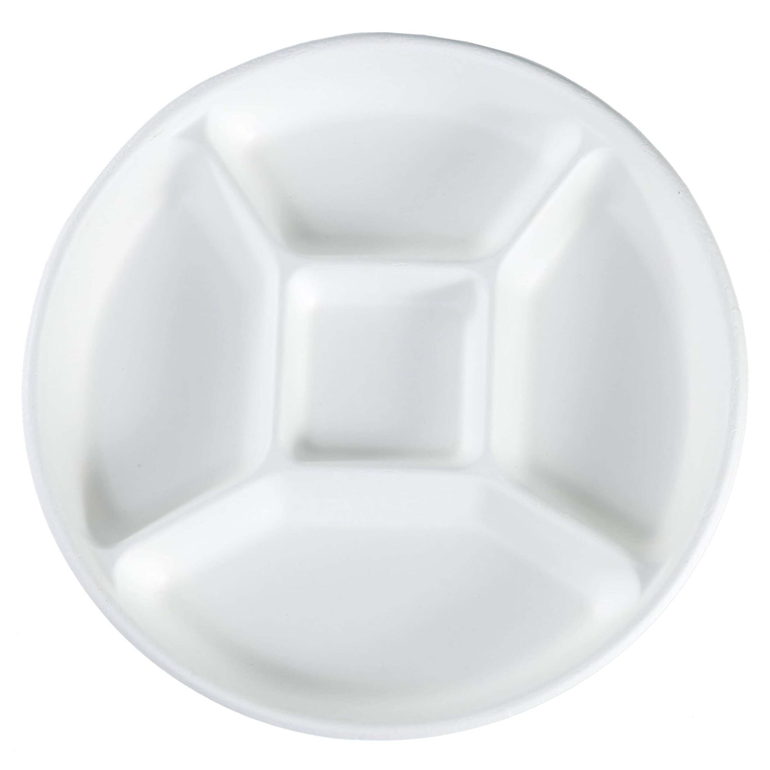 Rani 5 Compartment Round Biodegradable Divided Plates, Pack of 125 ~ Party, Thali, Buffet, Disposable & Eco-Friendly, Heavy-Duty Sturdy Paper Bagasse, Premium Quality, 10  Diameter, 1.38  Height