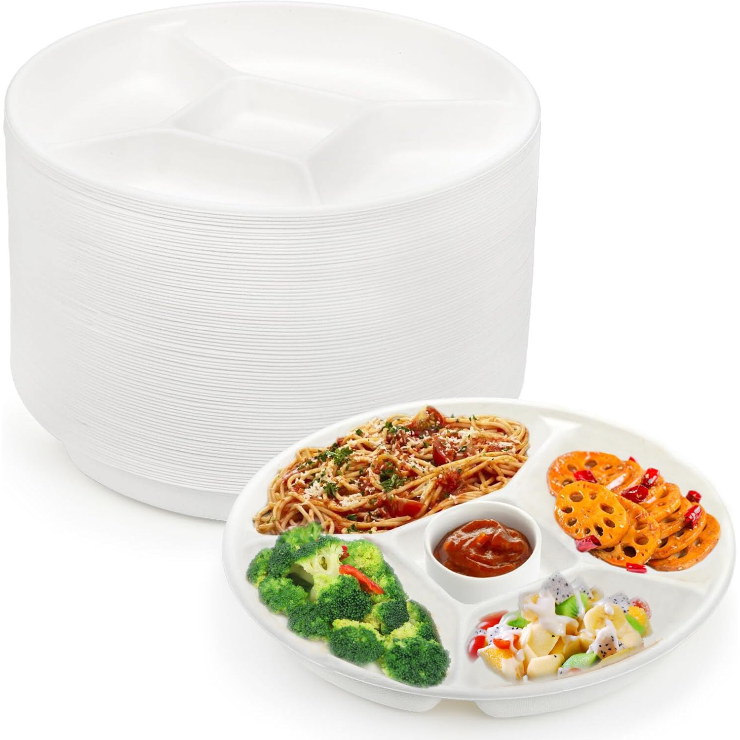 Rani 5 Compartment Round Biodegradable Divided Plates, Pack of 125 ~ Party, Thali, Buffet, Disposable & Eco-Friendly, Heavy-Duty Sturdy Paper Bagasse, Premium Quality, 10  Diameter, 1.38  Height