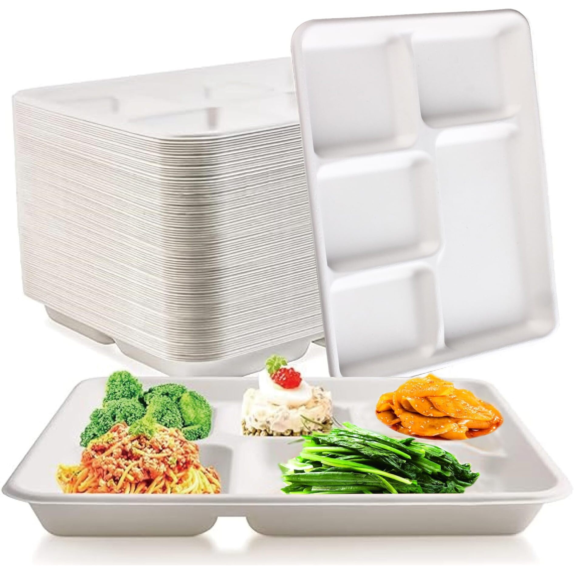 Rani 5 Compartment Square Biodegradable Divided Plates, Pack of 250 ~ Party, Thali, Buffet, Disposable & Eco-Friendly, Heavy-Duty Sturdy Paper Bagasse, Premium Quality, 10.24  x 8.27  x 0.91