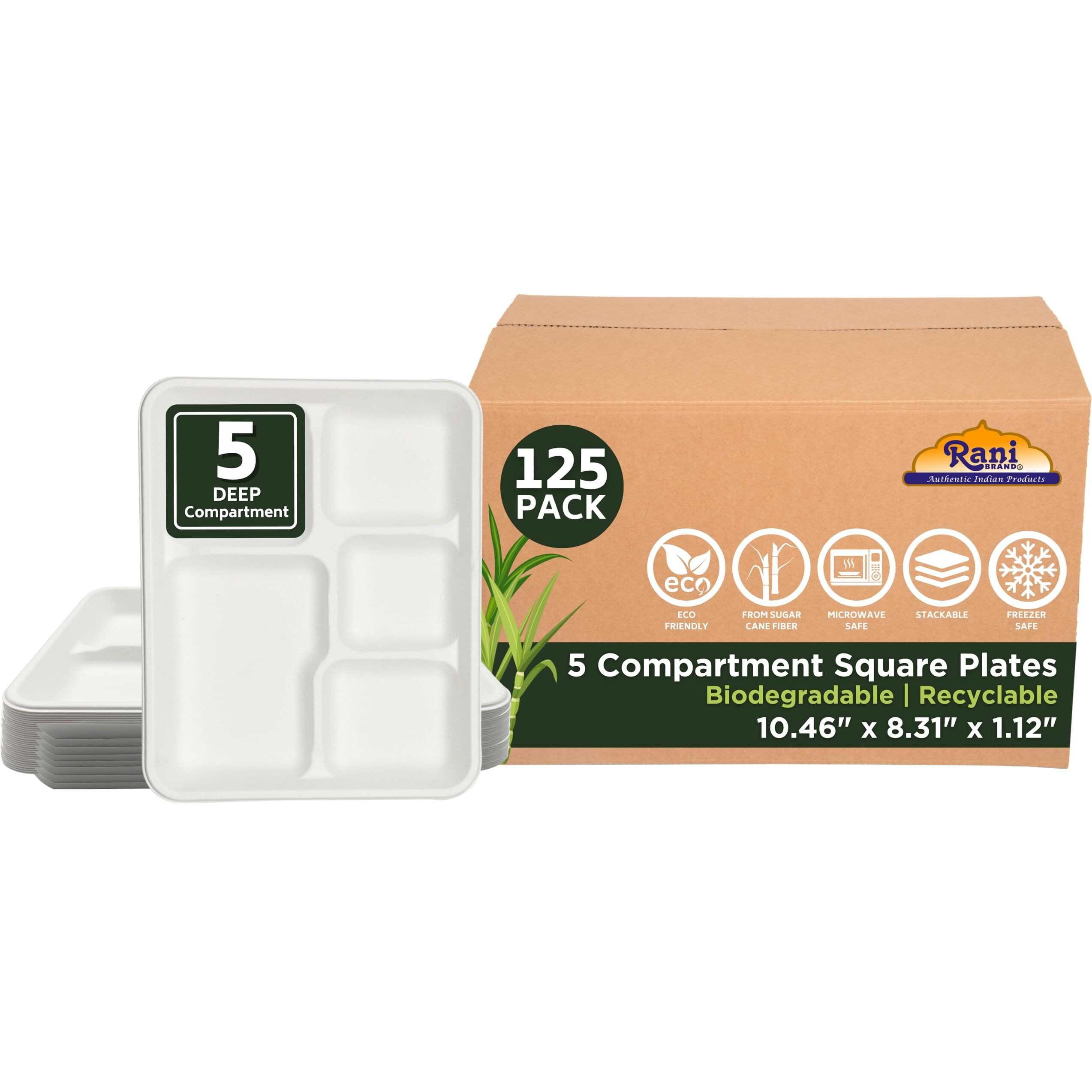 Rani 5 Deep Compartment Square Biodegradable Divided Plates, Pack of 125 ~ Party, Thali, Buffet, Disposable & Eco-Friendly, Heavy-Duty Sturdy Paper Bagasse, Premium Quality, 10.46  x 8.31  x 1.12