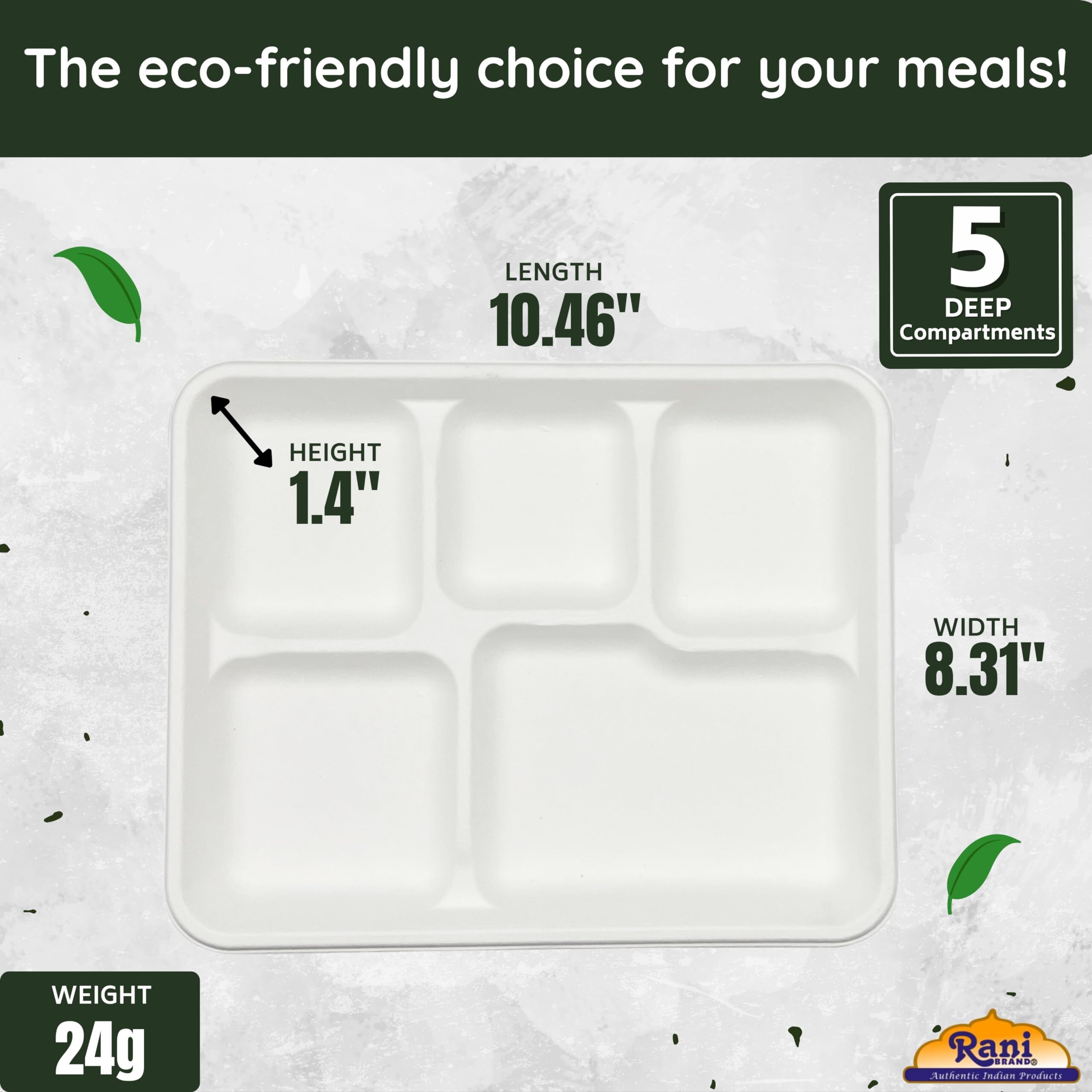 Rani 5 Deep Compartment Square Biodegradable Divided Plates, Pack of 125 ~ Party, Thali, Buffet, Disposable & Eco-Friendly, Heavy-Duty Sturdy Paper Bagasse, Premium Quality, 10.46  x 8.31  x 1.12