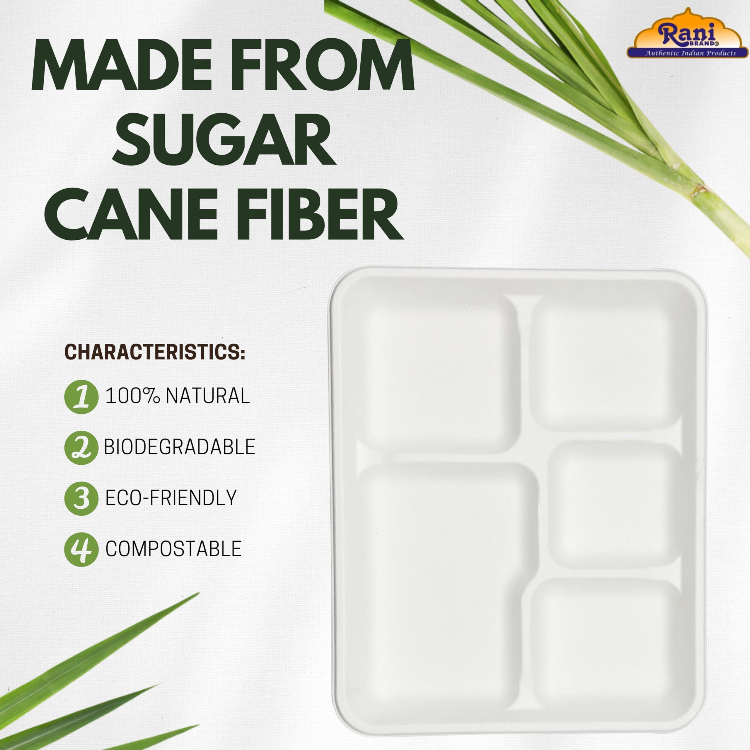 Rani 5 Deep Compartment Square Biodegradable Divided Plates, Pack of 125 ~ Party, Thali, Buffet, Disposable & Eco-Friendly, Heavy-Duty Sturdy Paper Bagasse, Premium Quality, 10.46  x 8.31  x 1.12