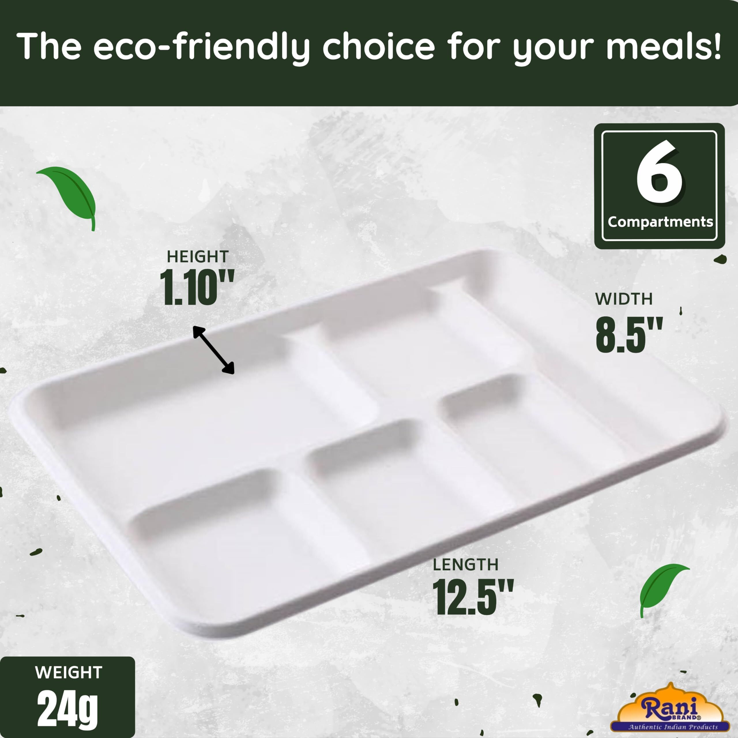 Rani 6 Compartment Square Biodegradable Divided Plates, Pack of 125 ~ Party, Thali, Buffet, Disposable & Eco-Friendly, Heavy-Duty Sturdy Paper Bagasse, Premium Quality, 12.5  x 8.5  x 1.10