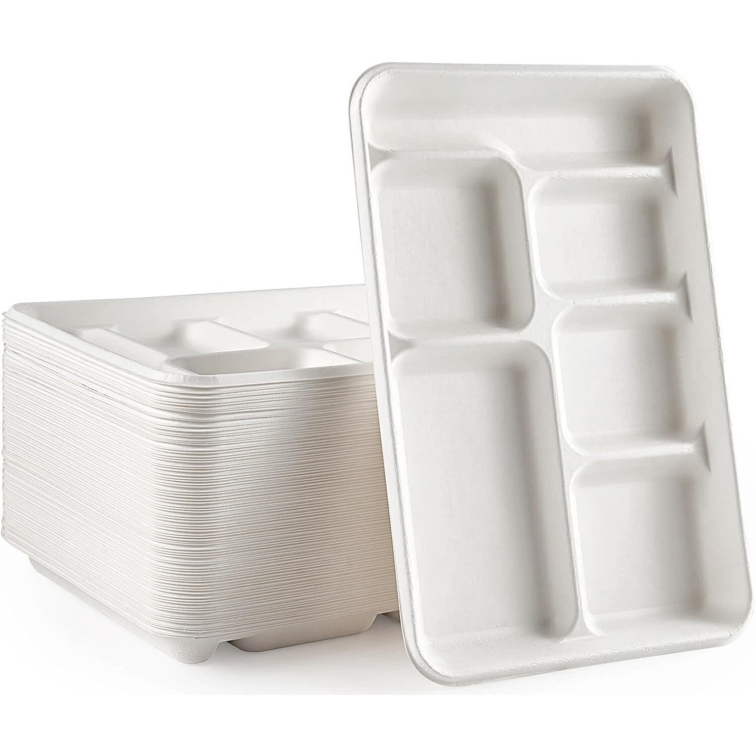 Rani 6 Compartment Square Biodegradable Divided Plates, Pack of 125 ~ Party, Thali, Buffet, Disposable & Eco-Friendly, Heavy-Duty Sturdy Paper Bagasse, Premium Quality, 12.5  x 8.5  x 1.10