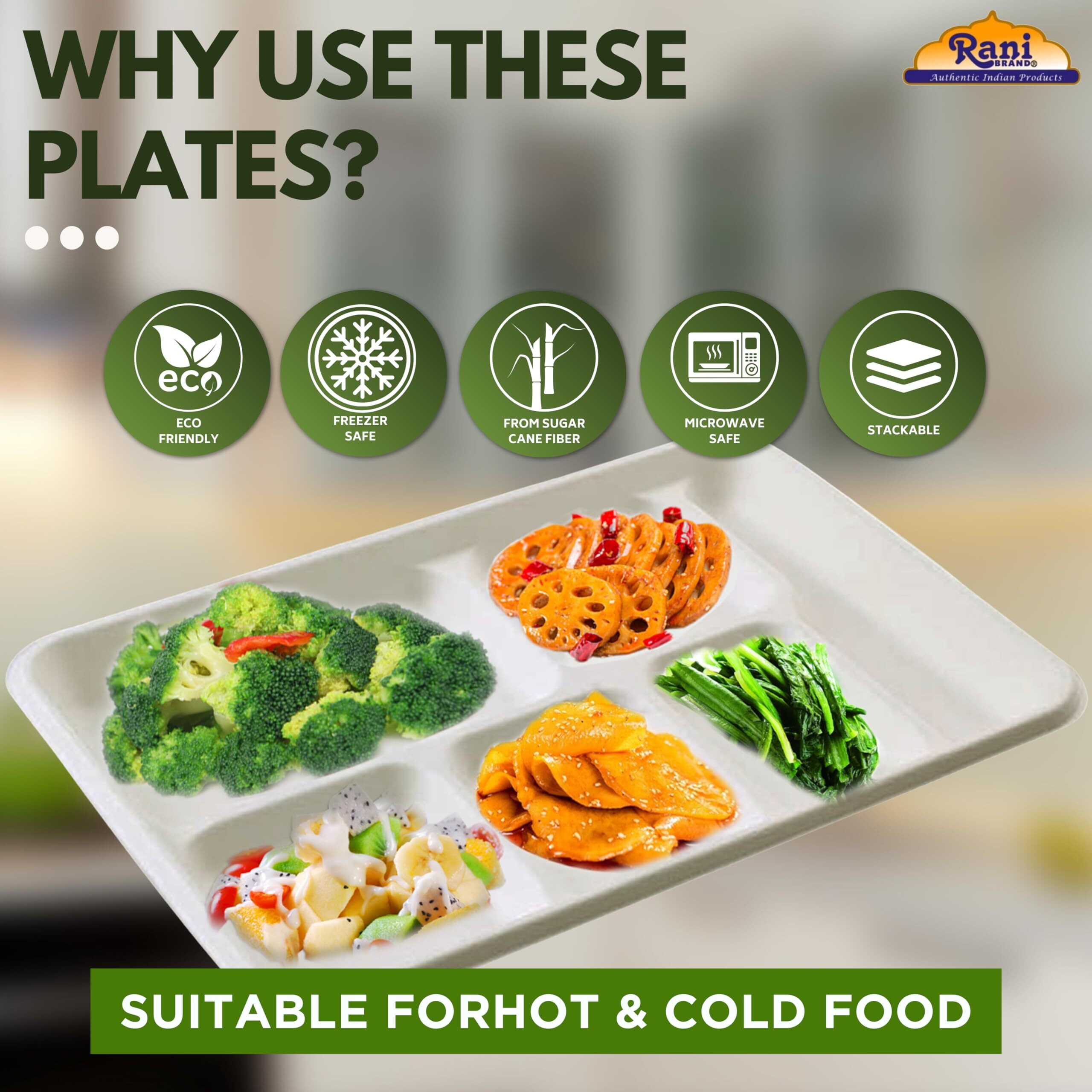 Rani 6 Compartment Square Biodegradable Divided Plates, Pack of 250 ~ Party, Thali, Buffet, Disposable & Eco-Friendly, Heavy-Duty Sturdy Paper Bagasse, Premium Quality, 12.5  x 8.5  x 1.10