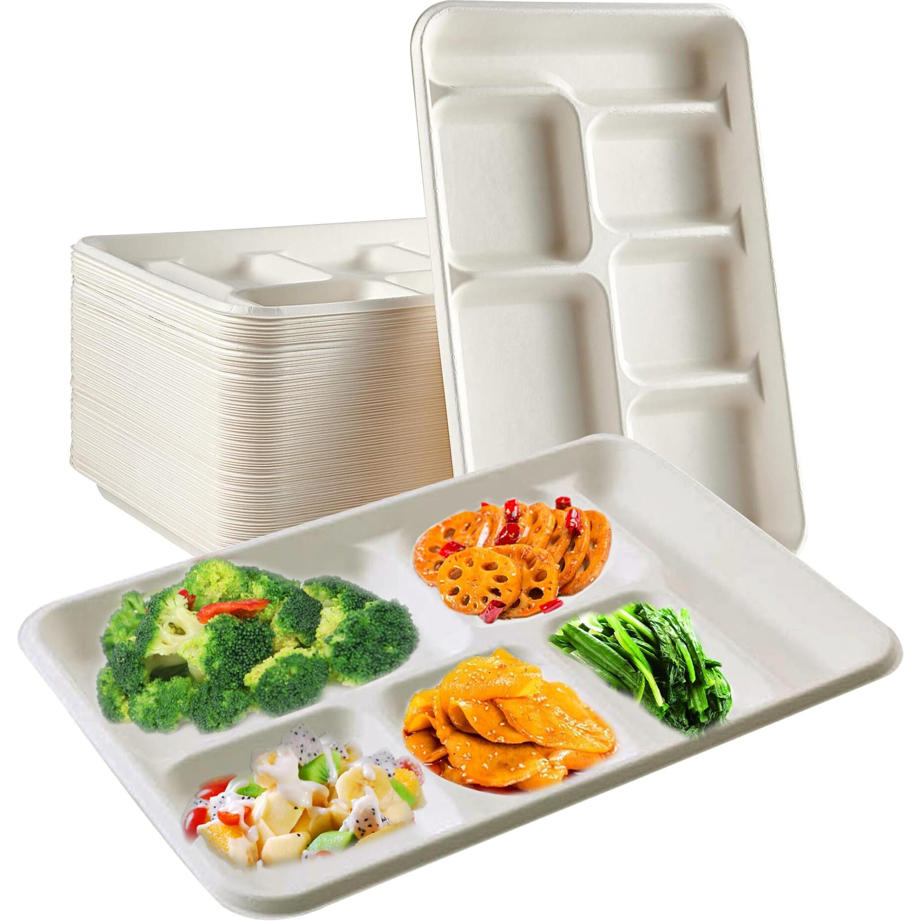 Rani 6 Compartment Square Biodegradable Divided Plates, Pack of 250 ~ Party, Thali, Buffet, Disposable & Eco-Friendly, Heavy-Duty Sturdy Paper Bagasse, Premium Quality, 12.5  x 8.5  x 1.10